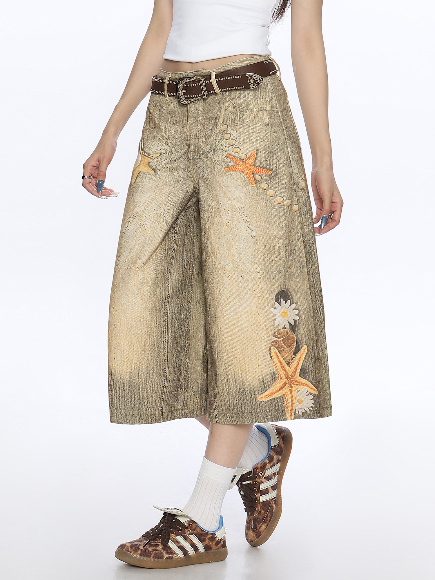 Spring 2026! Focus Storm American Gradient Beach Starfish Print Cropped Lazy Style Casual Wide-Leg Jeans R9100# zx - Focus Storm