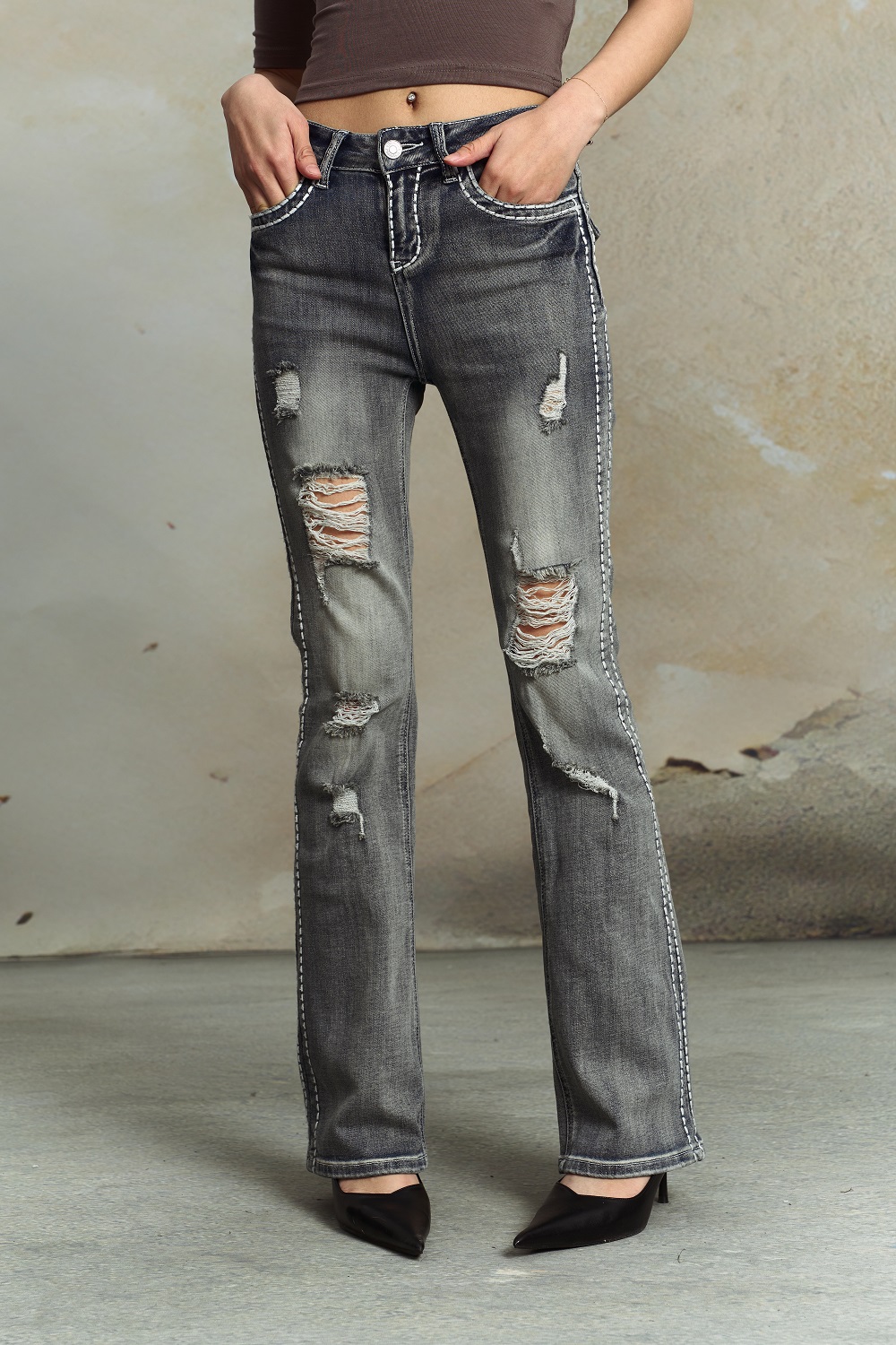 Spring 2026! Focus Storm American High-Street Washed Distressed Straight-Leg Women's Casual Slimming Versatile Basic Trendy Denim Jeans R5086# zx - Focus Storm