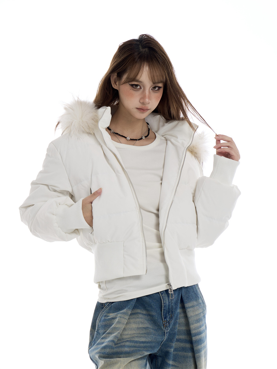 Focus Storm American Vintage Hooded Short Jacket Winter Hot Girl Warm Coat (with Detachable Eco-friendly Fur Collar) R7609# zx - Focus Storm