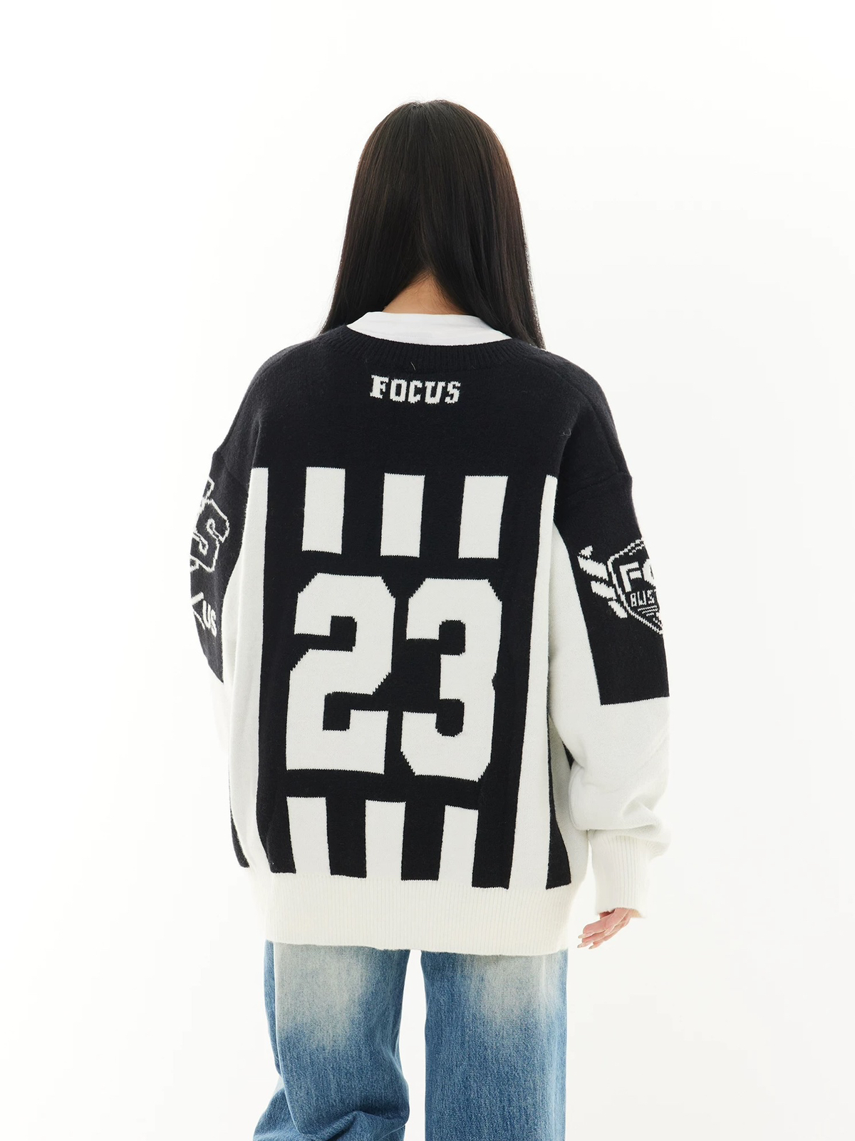 Focus Storm Guochao American Vintage Splicing Sports Style V-Neck Sweater Unisex Trendy Loose Long Sleeve Knitwear Warm Pullover 65005# zx - Focus Storm