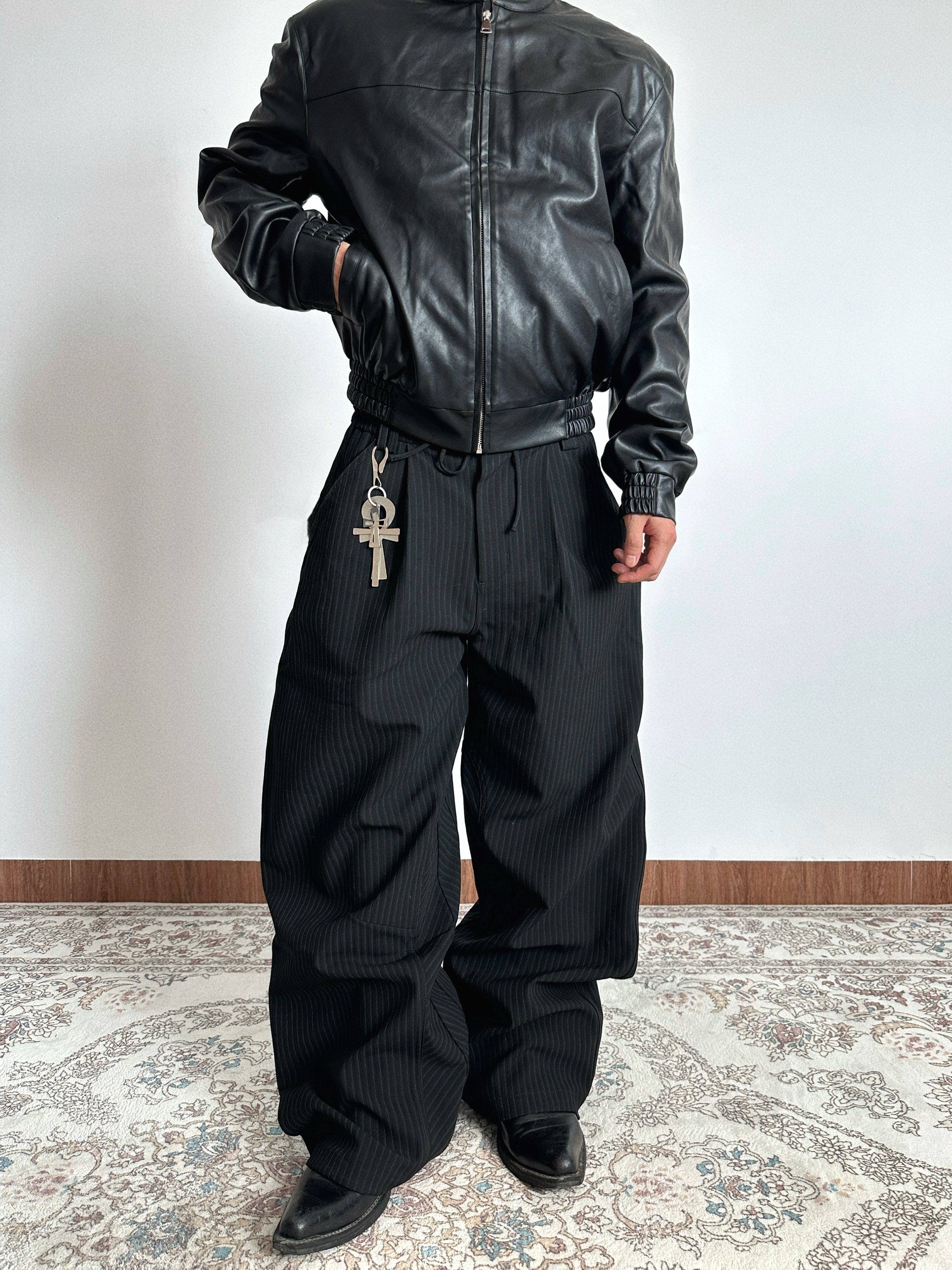 Focus Storm Old Money Style A-Line Pleated Striped Silhouette Commuter Unisex Loose Drape Trousers 50004# zx - Focus Storm