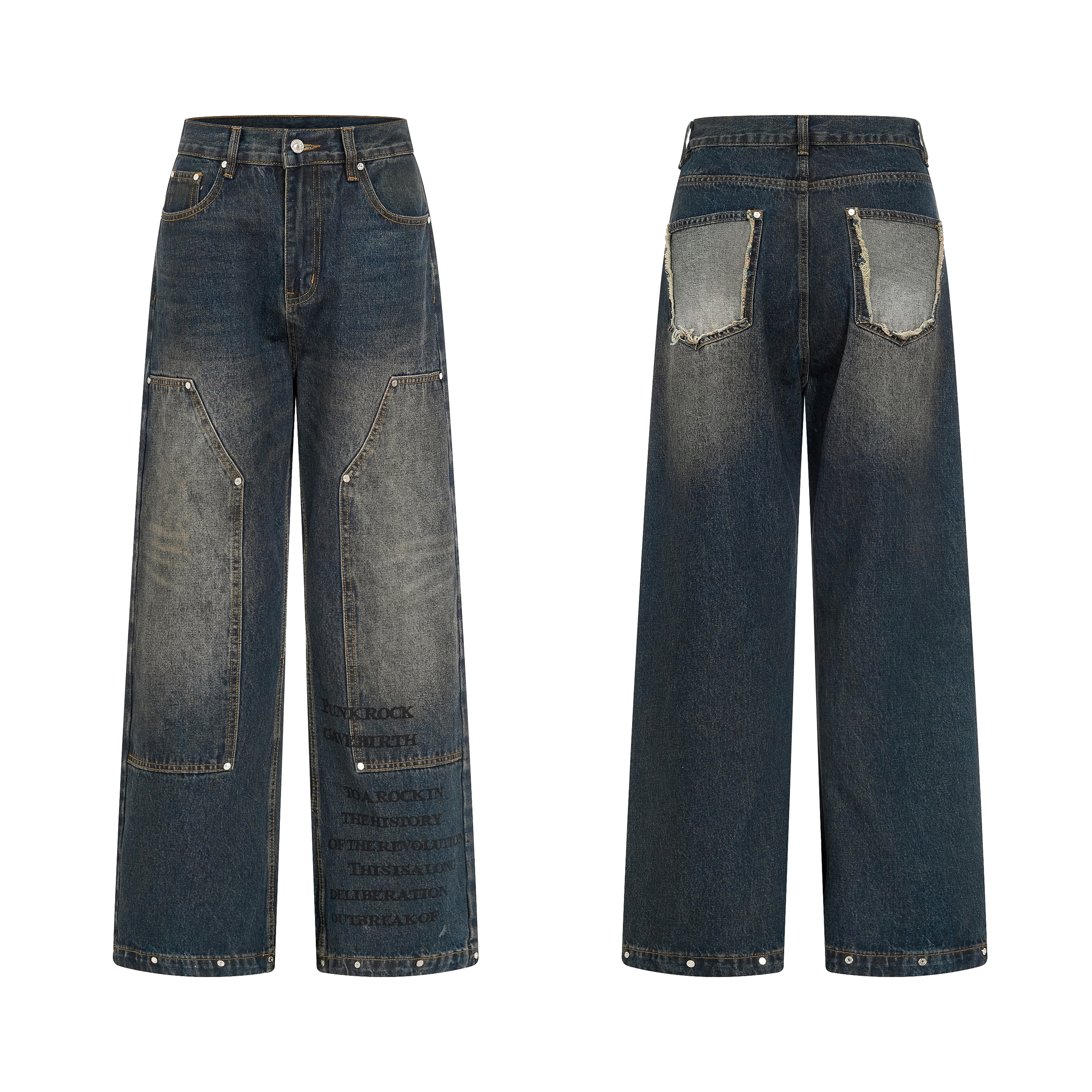 Focus Storm American Vintage Autumn Washed Distressed Men's Loose Straight-Leg Wide-Leg Casual Jeans 51002# zx - Focus Storm