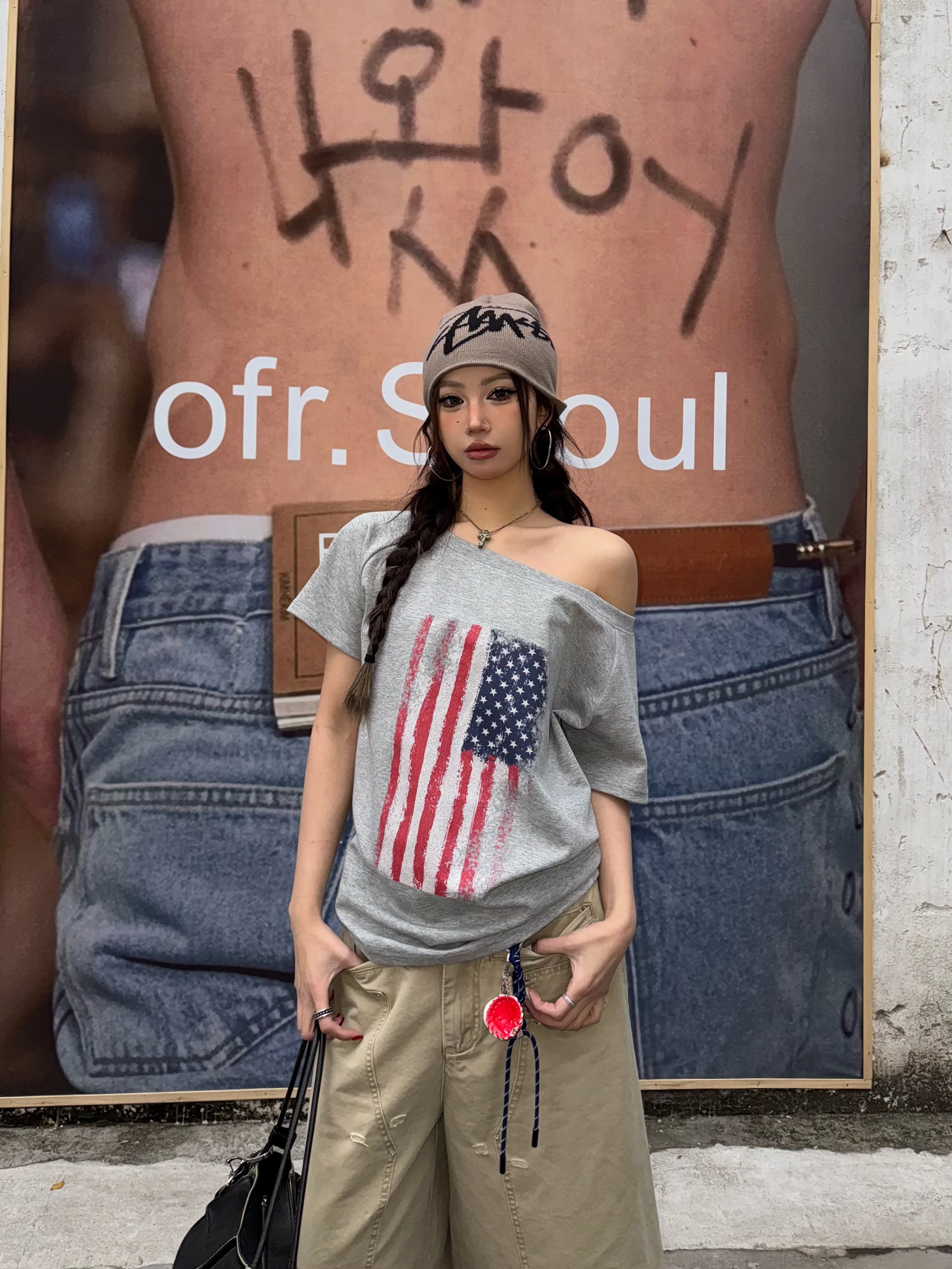 Spring 2026! Focus Storm American Aesthetic Hot Girl Flag Print Loose Off-Shoulder Versatile Lazy Style Short Sleeve T-Shirt R9015# zx - Focus Storm
