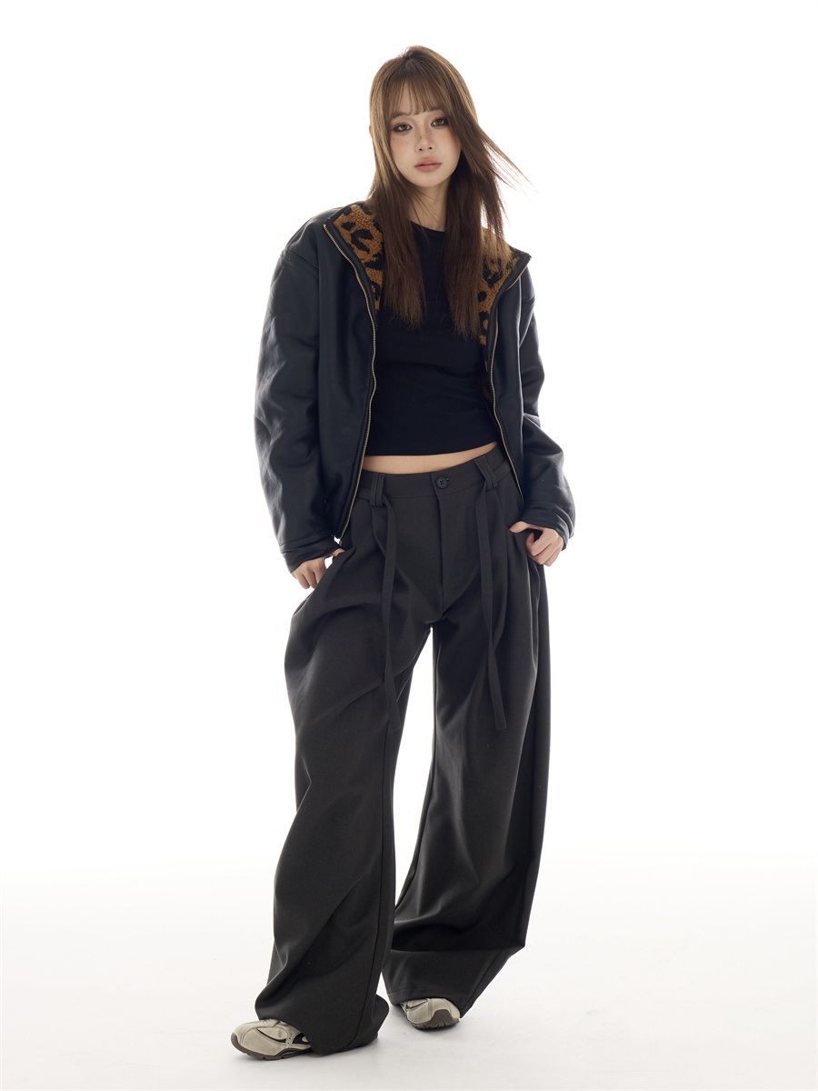 Focus Storm American Vintage Workwear Style Fleece-Lined Lapel Flight Jacket Women's Black Zipper Leather Jacket R7075# zx - Focus Storm