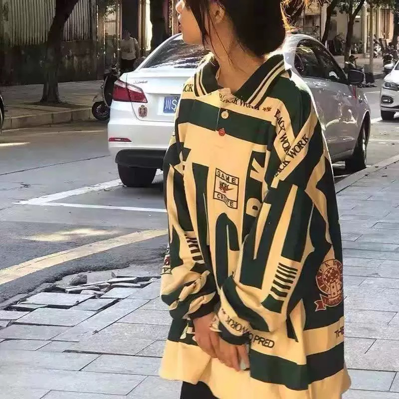 Focus Storm American Vintage Contrast Loose Unisex Autumn Hip-hop Long-Sleeved POLO Shirt 8051-1# zx - Focus Storm