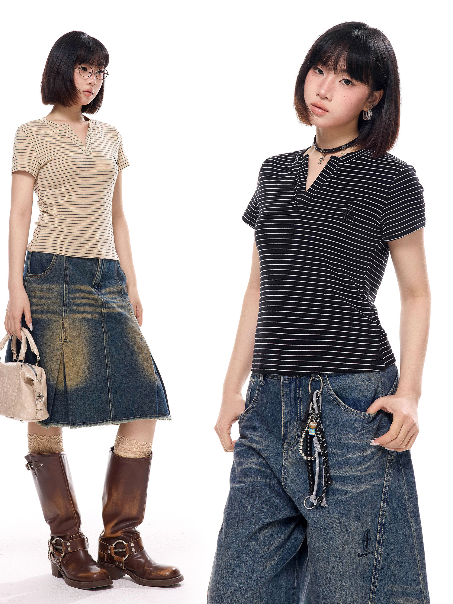 2026 Focus Storm American Vintage Retro Cropped Slim Fit Embroidered V-Neck Women's T-Shirt 91039# zx - Focus Storm