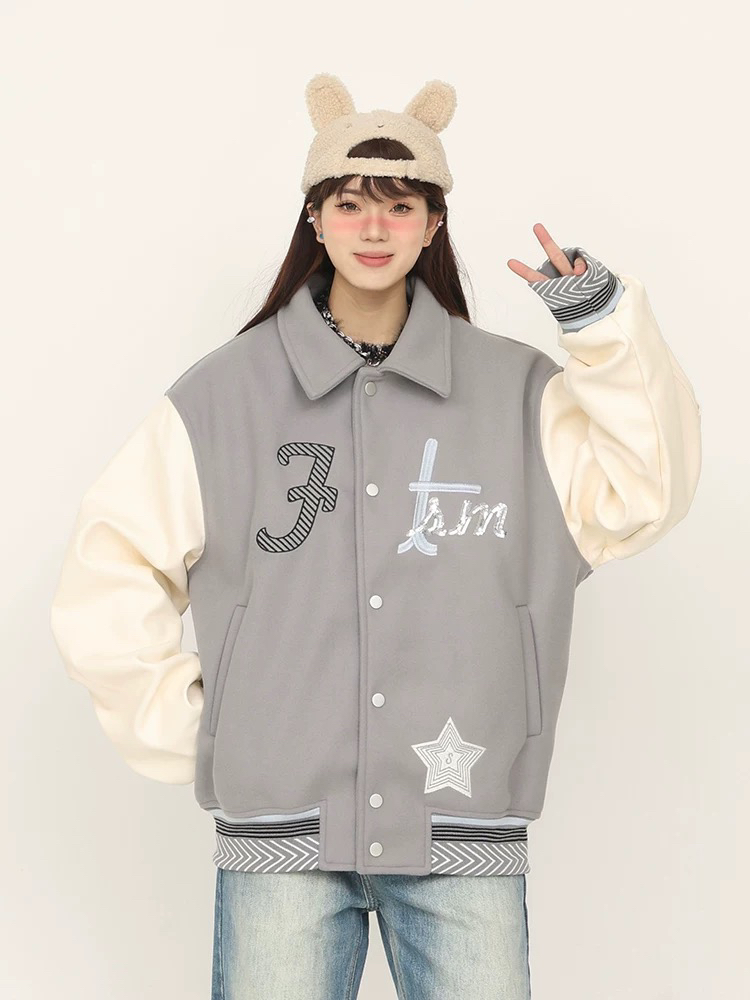 Focus Storm American Baseball Jacket Unisex Spring Embroidery Patchwork Raglan Sleeve Vintage Jacket Couple Loose Lapel Short Jacket 71056# zx - Focus Storm