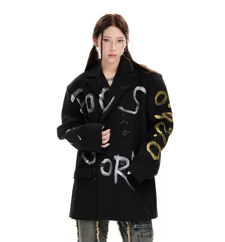 Focus Storm Trend Dopamine Design Notched Lapel Jacket Unisex American Retro Hip-Hop Graffiti Blazer 70013# zx - Focus Storm