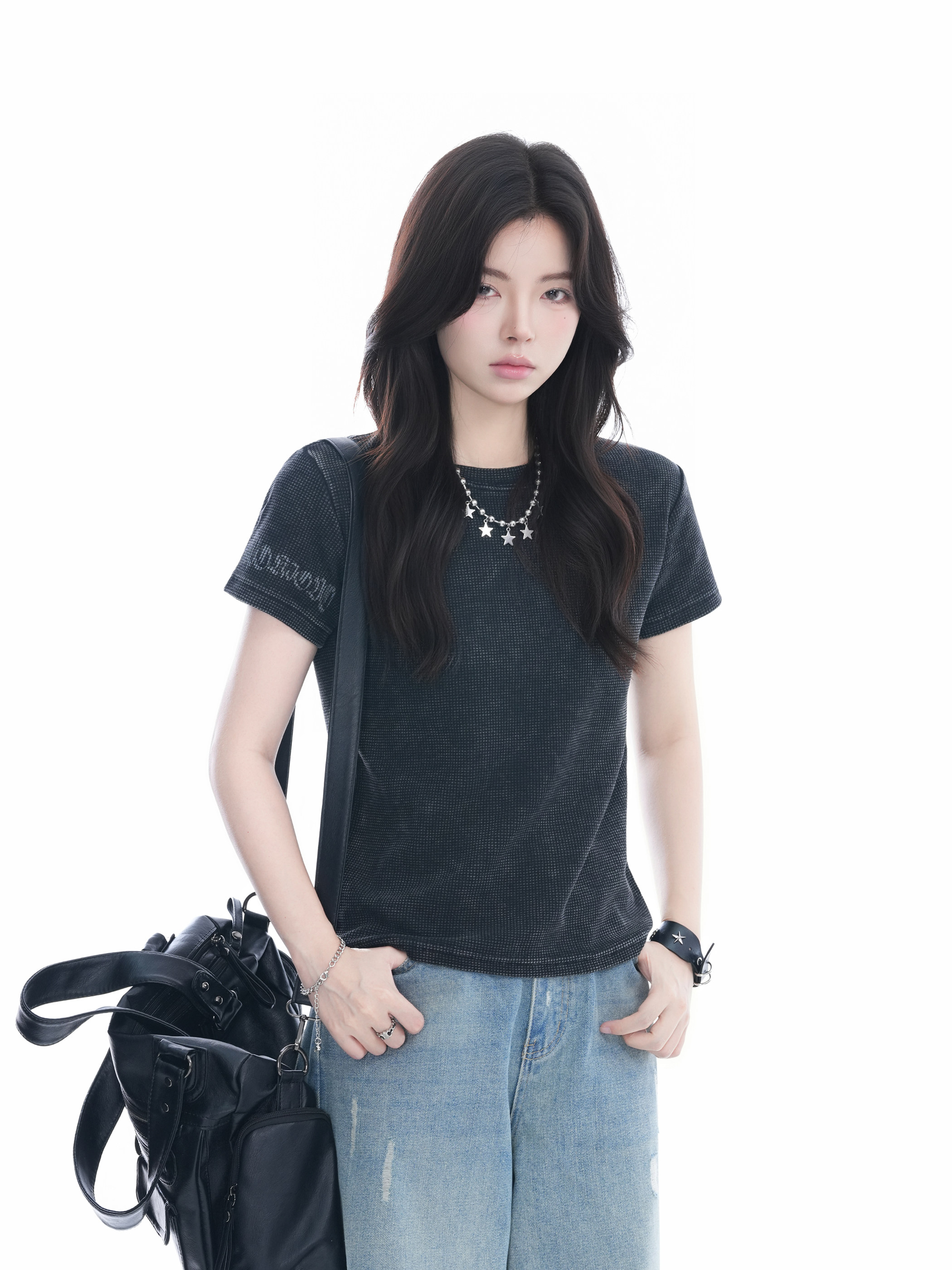 Focus Storm American Vintage Washed Distressed Women's Petite Fit Shoulder Loose Round Neck Top Short Sleeve T-Shirt R9153# zx - Focus Storm