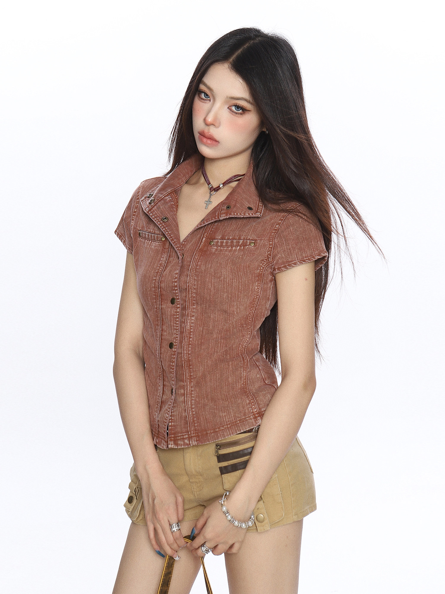 Focus Storm American Vintage Washed Distressed Lapel Slim Fit Short Sleeve Summer Top - R9127# zx - Focus Storm