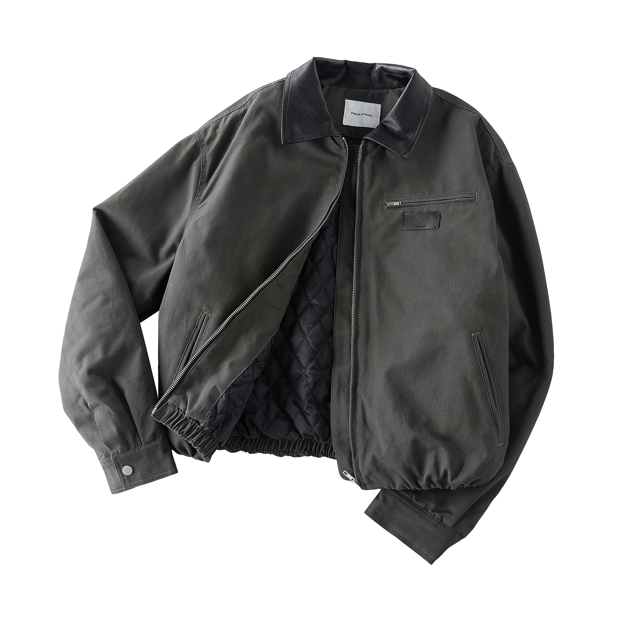 Focus Storm American Vintage Lapel Leather-Spliced Padded Jacket Men's Zipper Outerwear Gray Jacket 74008# zx - Focus Storm