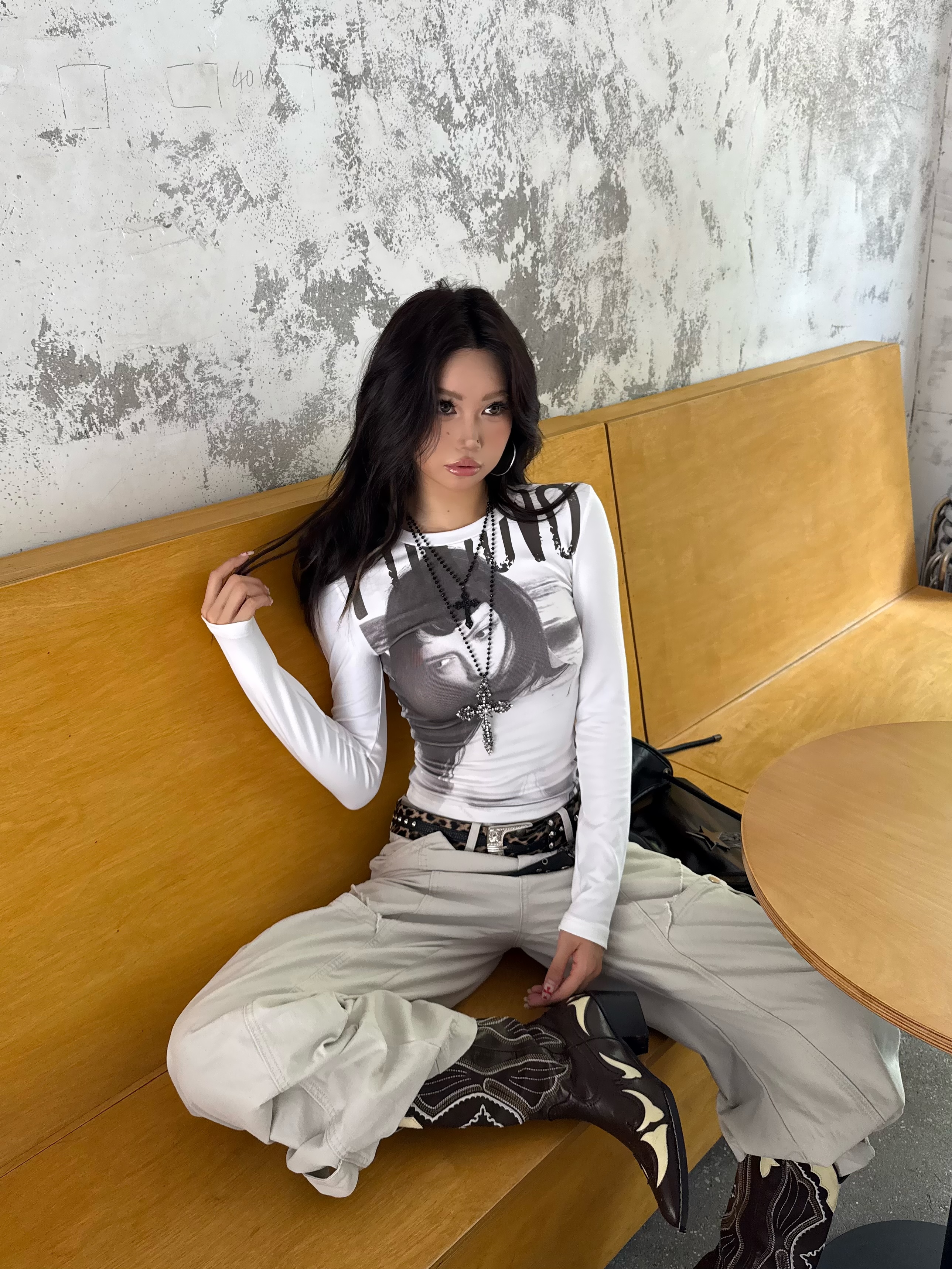 Focus Storm American Vintage Portrait Print Slim Fit Hot Girl Slimming Long Sleeve T-Shirt R9166# zx - Focus Storm