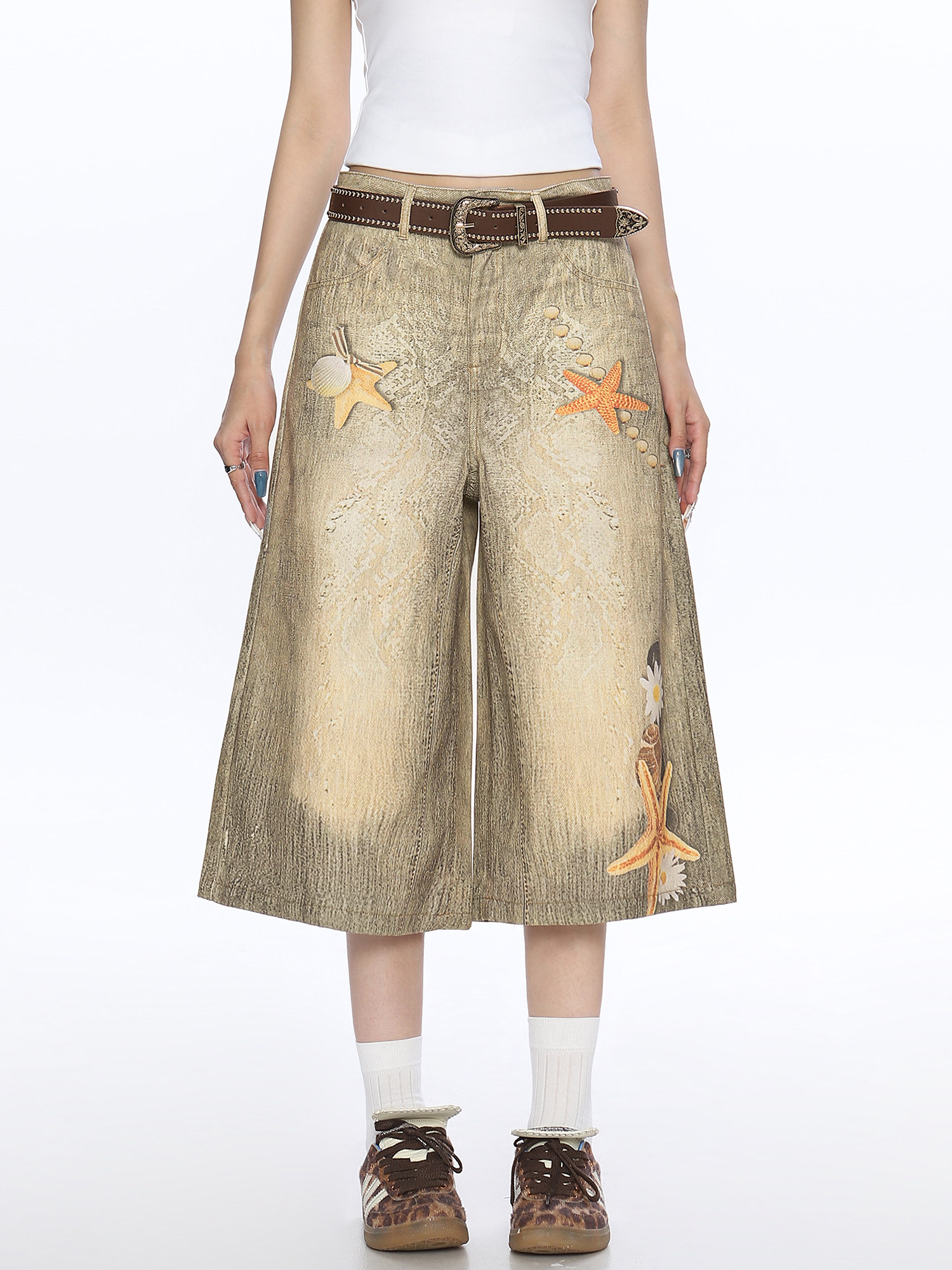 Spring 2026! Focus Storm American Gradient Beach Starfish Print Cropped Lazy Style Casual Wide-Leg Jeans R9100# zx - Focus Storm