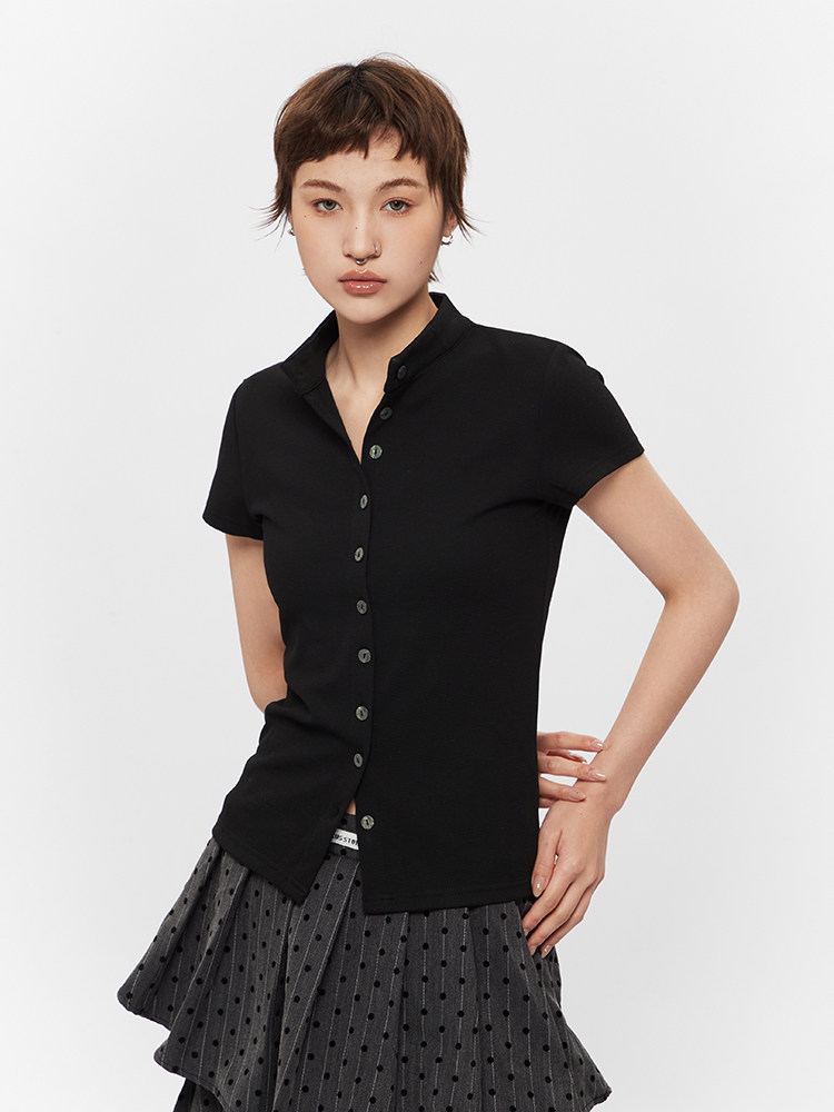 2026 Summer New! Focus Storm Premium Half-High Neck Straight Shoulder Cardigan Women's Top 91069# zx - Focus Storm