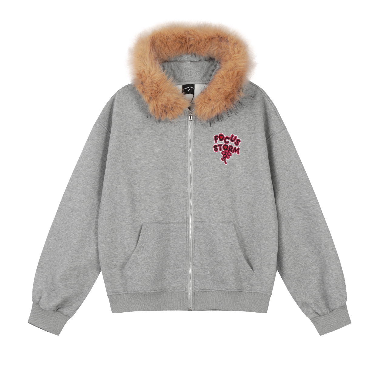 Focus Storm American Streetwear Letter Jacquard Hooded Mohair Unisex Niche Hoodie Jacket (Non-detachable Mohair Collar) 85100# zx - Focus Storm