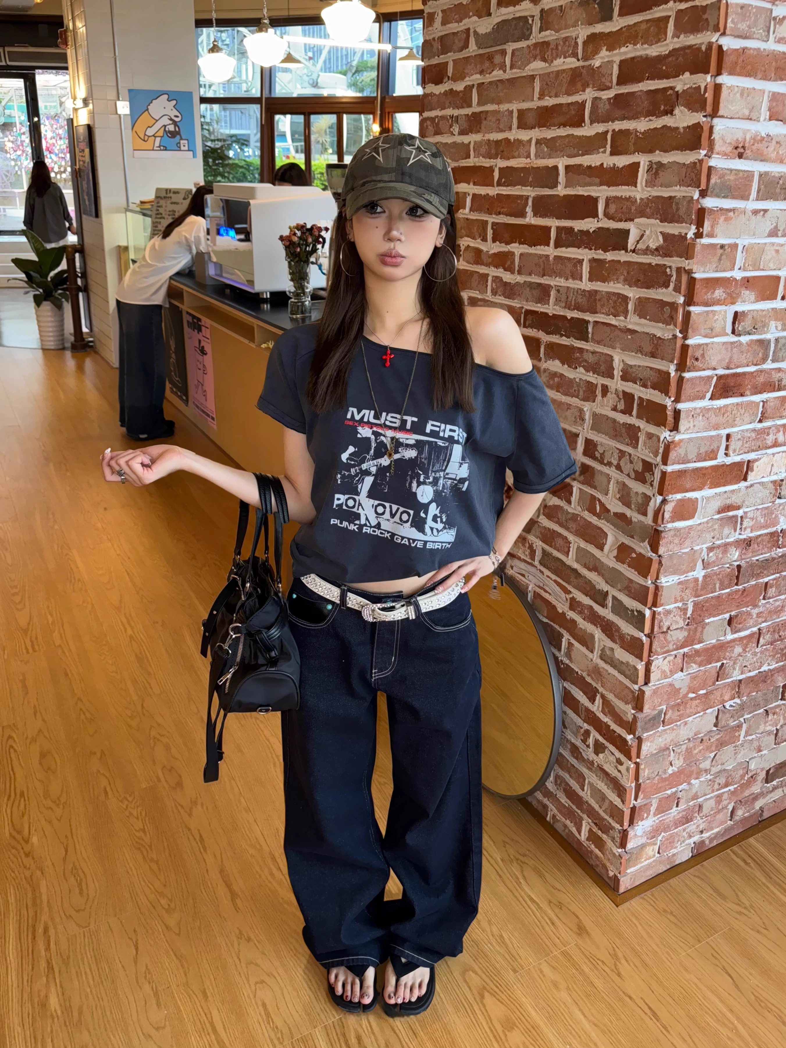 Focus Storm American Vintage Washed One-Shoulder Distressed Trendy Loose Slimming Versatile Women's Short Sleeve T-Shirt R9133# zx - Focus Storm