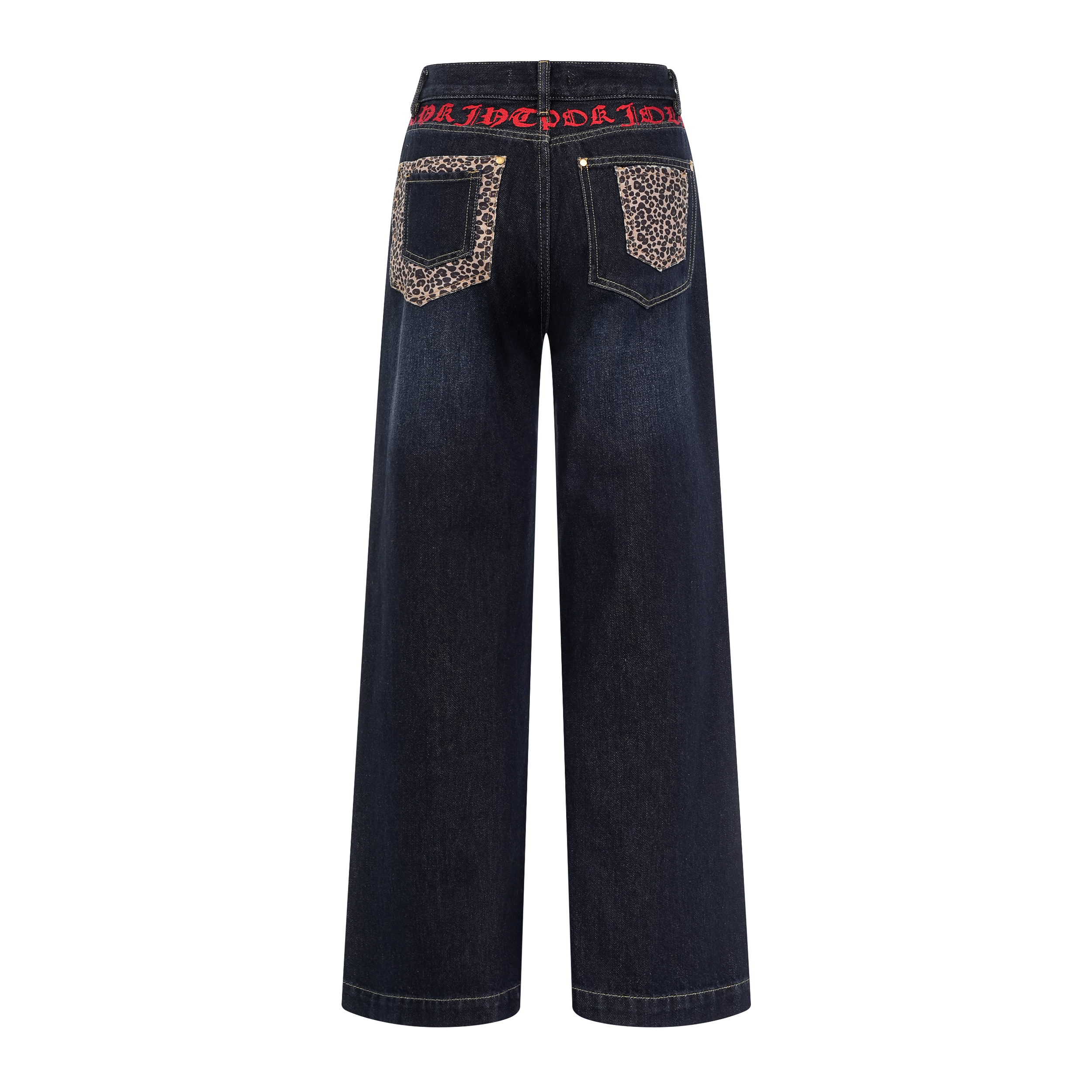 Focus Storm American Retro Leopard Slogan Embroidery Women's Wide-Leg Puddle Jeans R5010# zx - Focus Storm