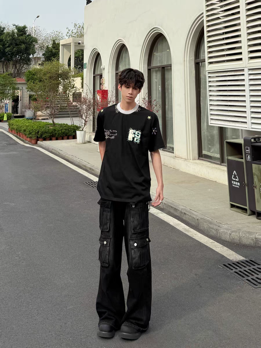 Focus Storm American Vintage Contrast Floral Letter Embroidered Cool-Touch Short-Sleeve T-Shirt Unisex Loose Casual Couple Top 91095# zx - Focus Storm