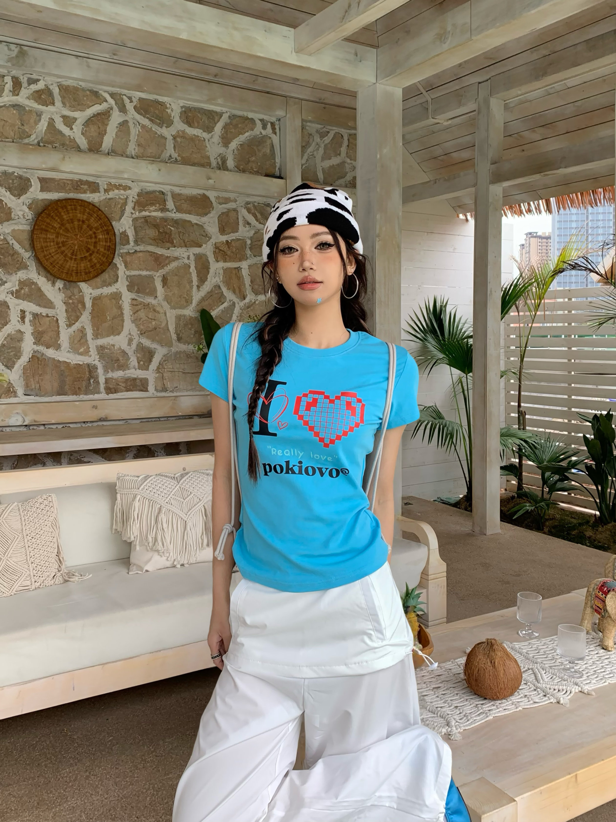 Spring 2026! Focus Storm American Street Style Regular Shoulder Heart Print Slim Fit Hot Girl Short Sleeve T-Shirt R9008Z# zx - Focus Storm