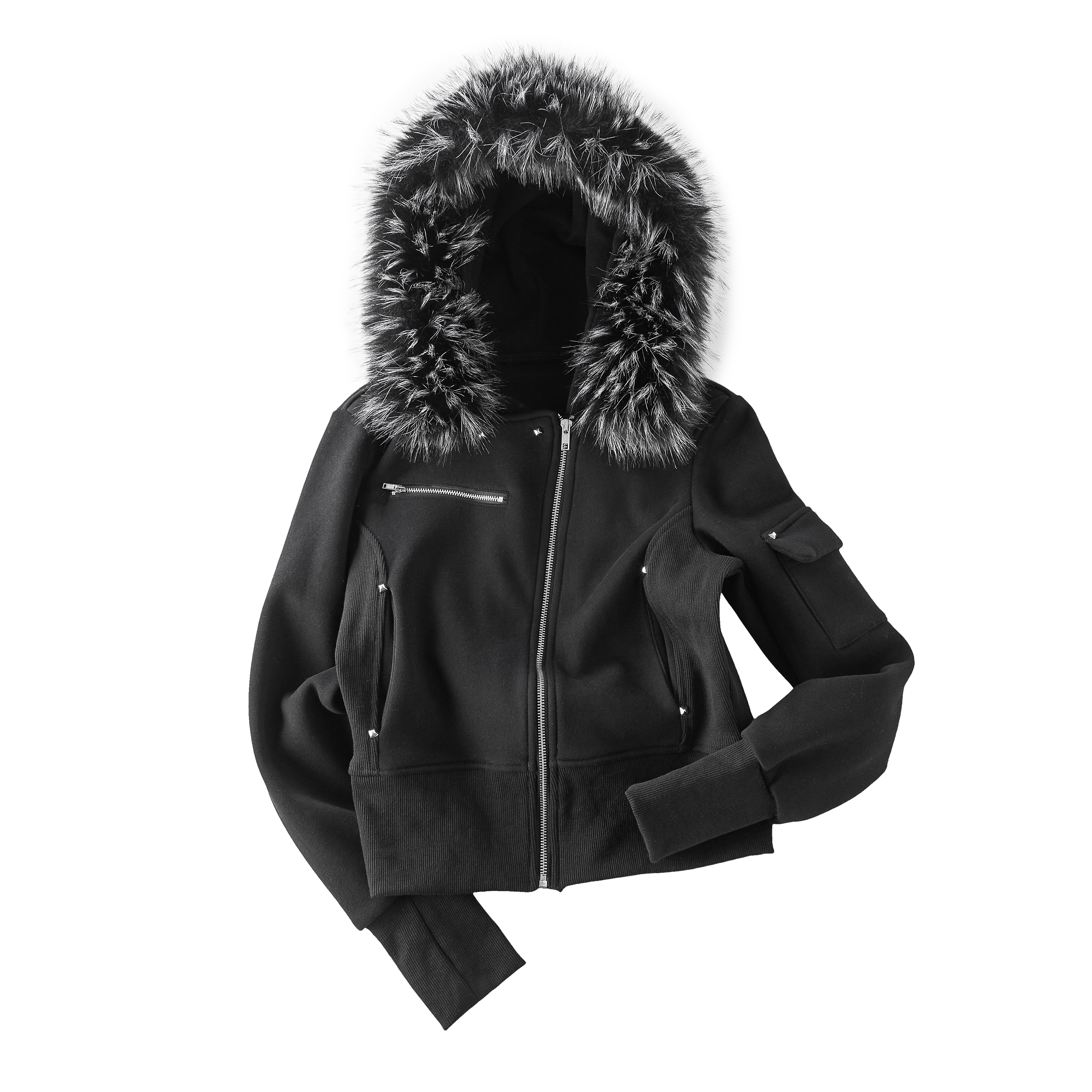 Winter New! Focus Storm American Slant Placket Fur Collar Fleece 2025 Winter Short Slim Hooded Cardigan Sweatshirt Jacket (with Non-detachable Faux Fur) R7025# zx - Focus Storm