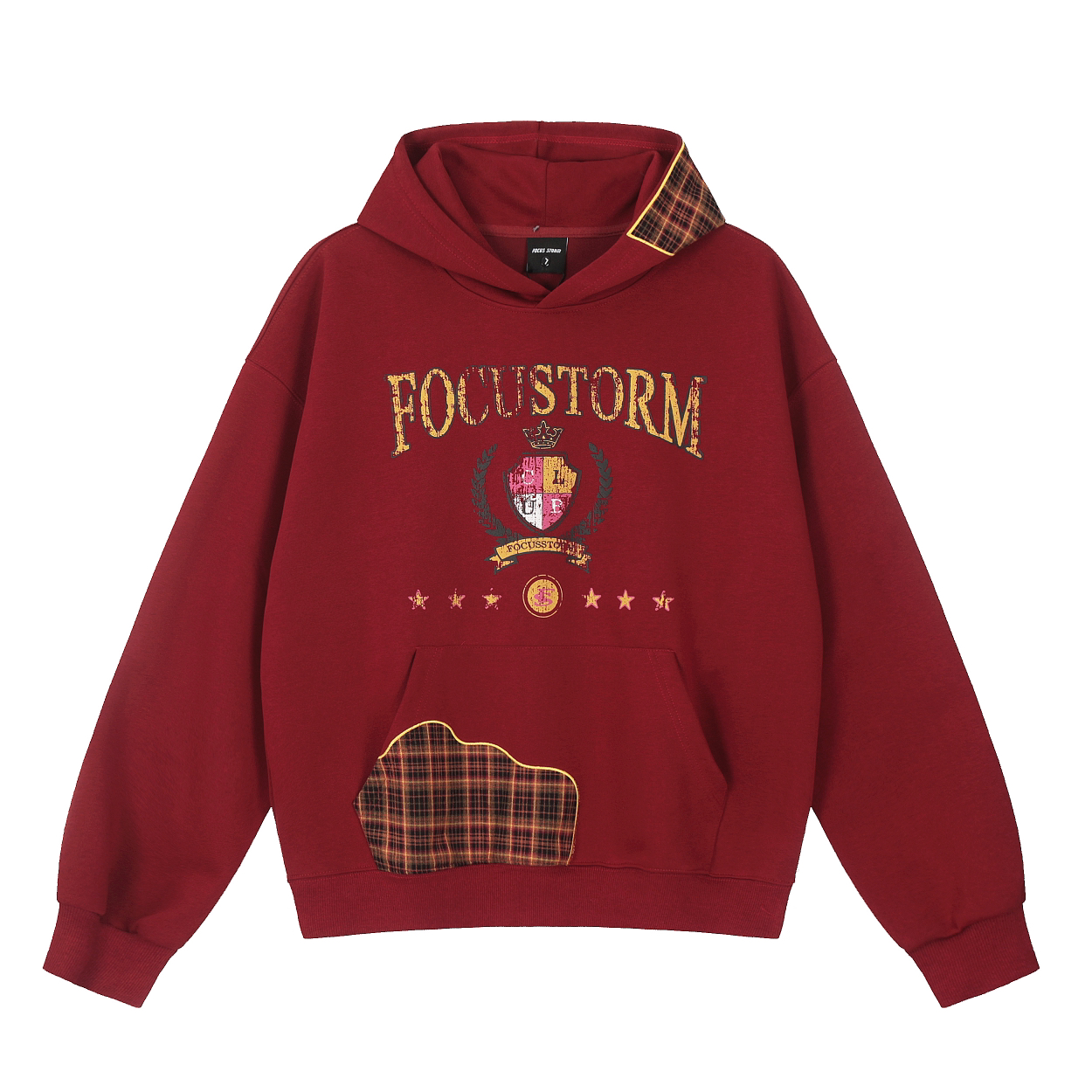 Focus Storm American Vintage Plaid Patchwork High-End Loose Slimming Hoodie 85507# zx - Focus Storm