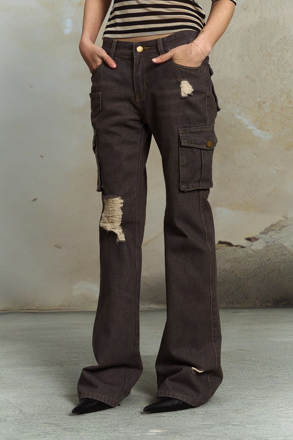 Spring 2026! Focus Storm American Vintage Design Multi-Pocket Distressed Slimming Washed Flared Long Denim Jeans R5090# zx - Focus Storm