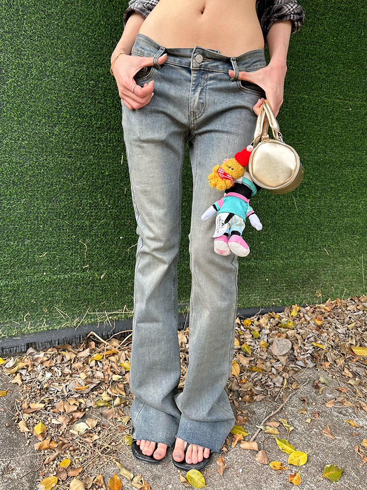 2026 Early Spring! Focus Storm American Vintage Washed Distressed Slim Fit Flared Jeans Women's Versatile Straight Texture Low Waist Denim Pants R5072# zx - Focus Storm