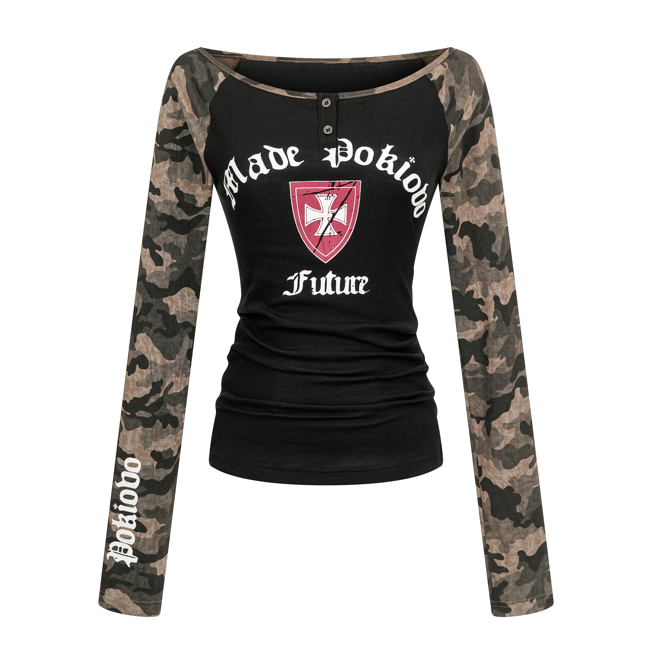 Focus Storm Cross Print Camouflage Sleeve Slimming Bodycon Top Base Layer Off-the-Shoulder Spice Girl Long Sleeve T-Shirt R9167# zx - Focus Storm