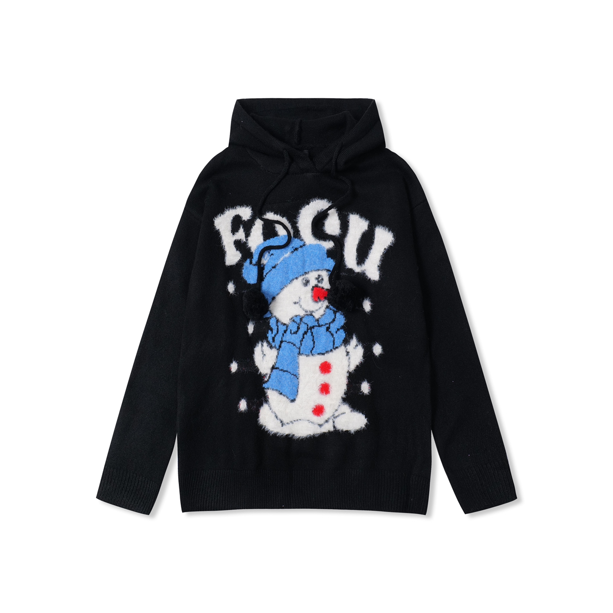Focus Storm Christmas Fun Snowman Knitted Hooded Sweatshirt Unisex American Retro Fur Ball Red Couple's Sweater Winter Warm Sweater 61613# zx - Focus Storm