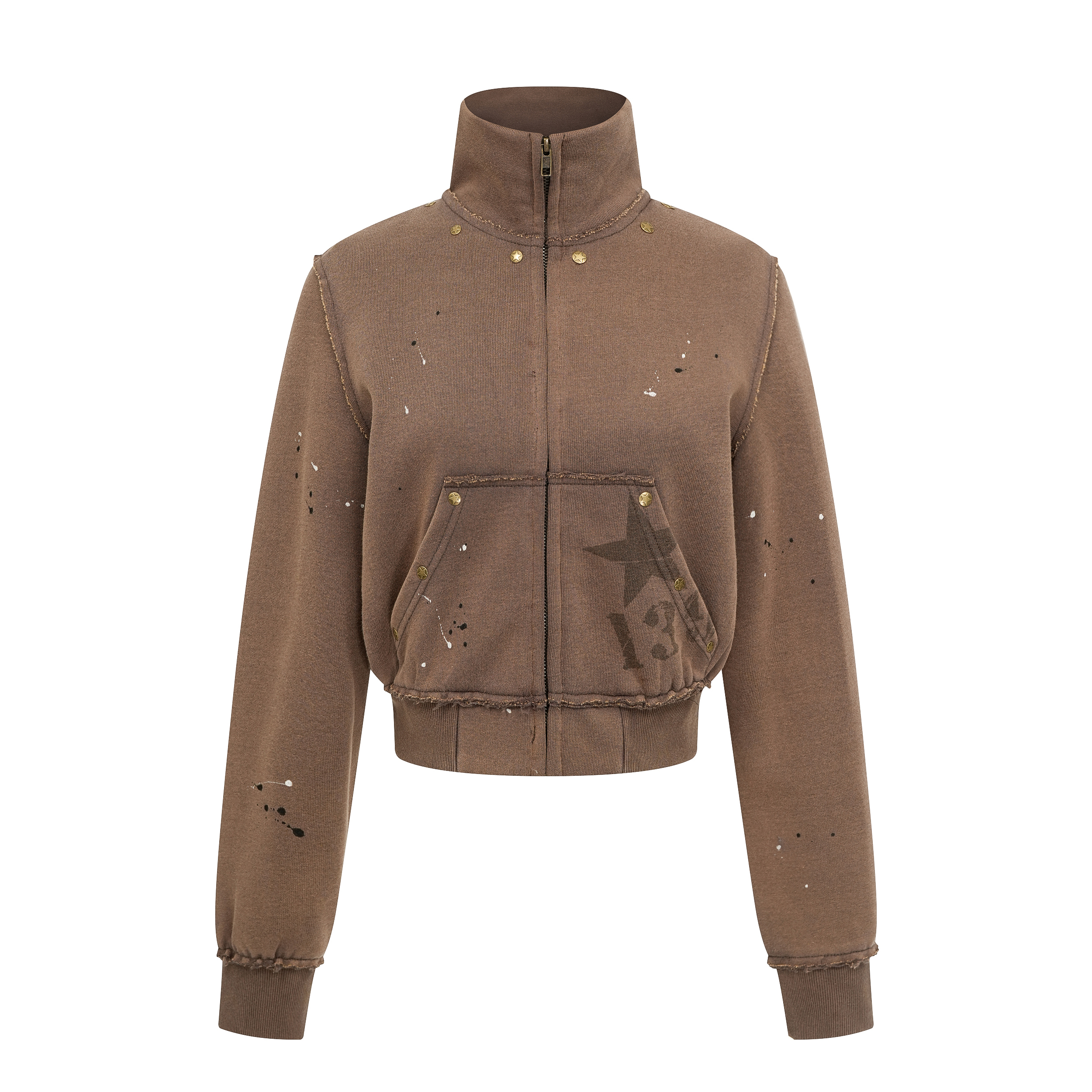 Focus Storm American Retro Rivet Distressed Splatter Ink Hot Girl Stand Collar Short Casual Sweatshirt Jacket R8001# zx - Focus Storm