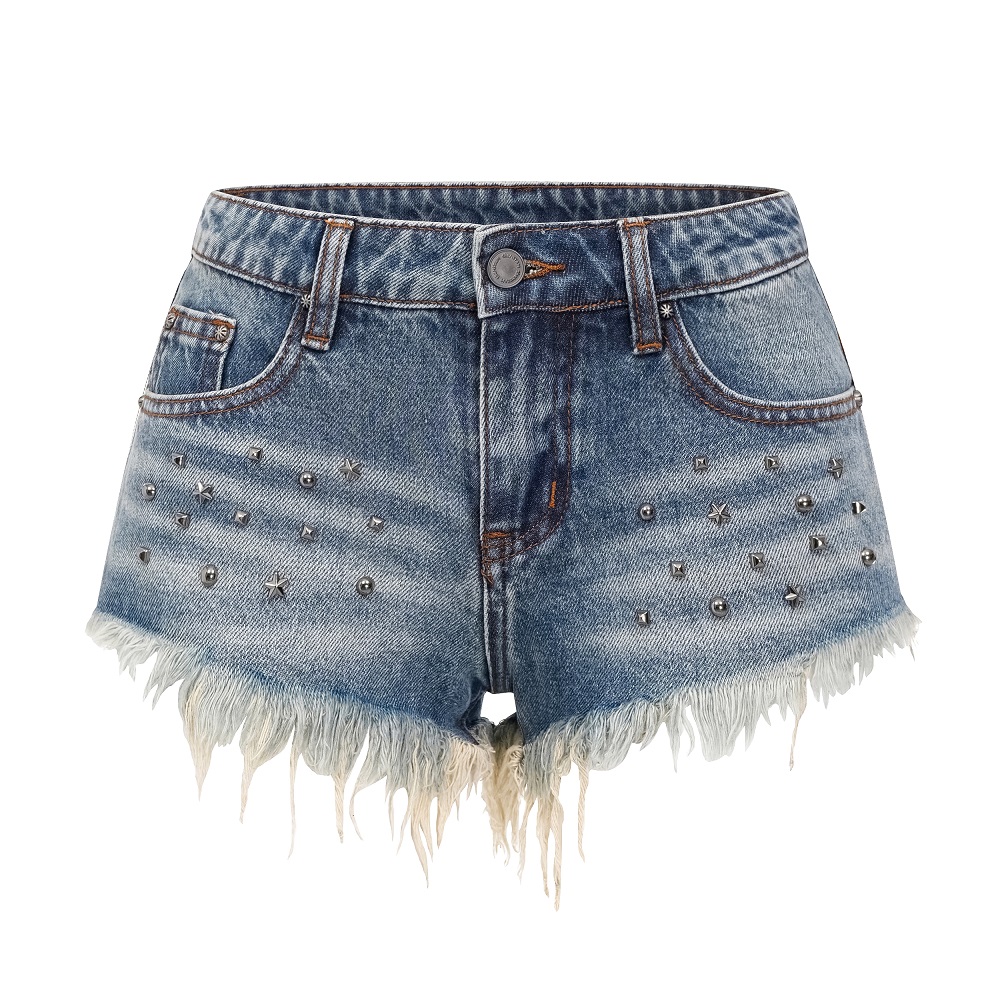 Focus Storm Hot Girl Studded Washed Distressed Raw Edge Shorts Women's Summer Design Slimming Casual Low Waist Hot Pants Denim Shorts R9136# zx - Focus Storm