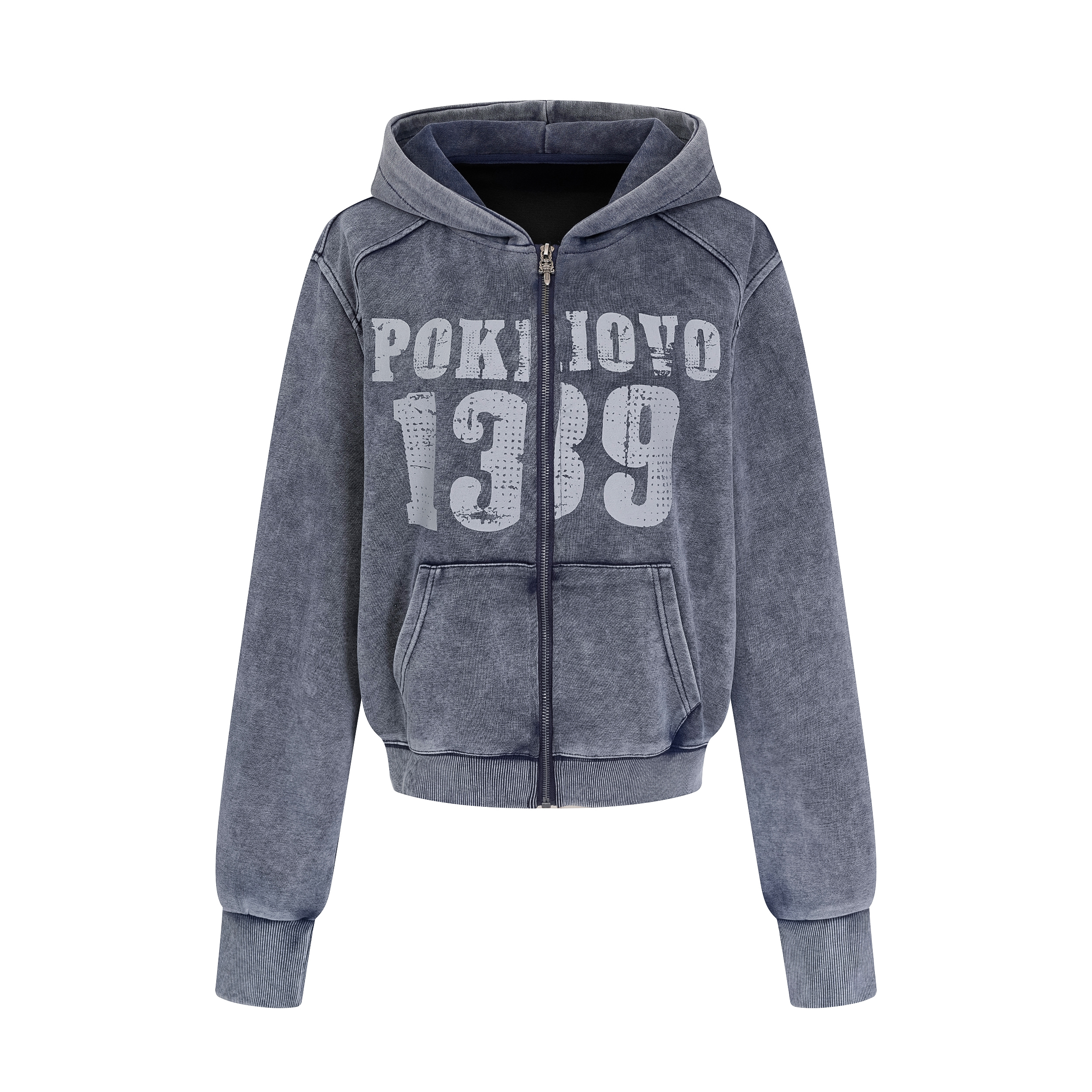 Focus Storm American Retro Washed Design Letter Print Zip-Up Hooded Loose Casual Versatile Sweatshirt Jacket R8028# zx - Focus Storm