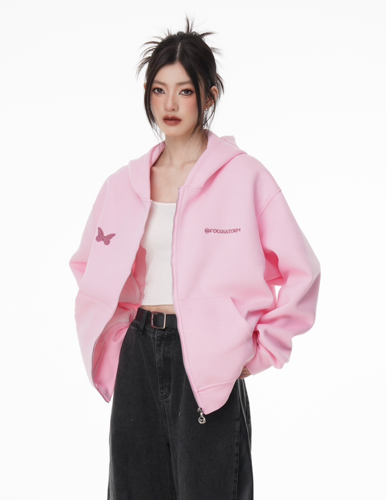 Focus Storm American Retro Butterfly Streetwear Zip-Up Hoodie 80323# zx - Focus Storm