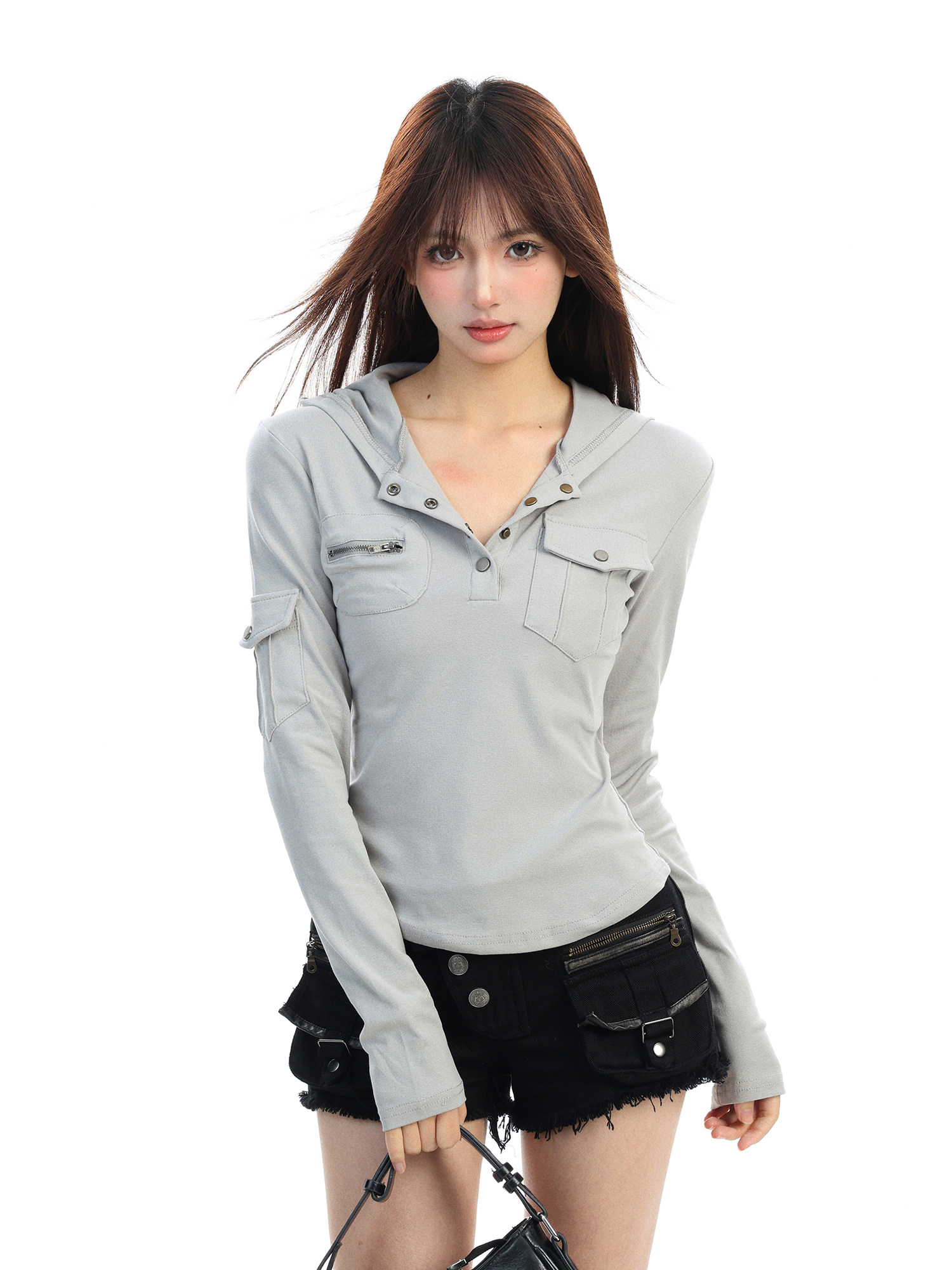 Early Spring 2026! Focus Storm Spice Girl Hooded Henley Slim Fit Top Women's Casual All-match Cropped Base Layer Hoodie Long Sleeve T-shirt R8069# zx - Focus Storm