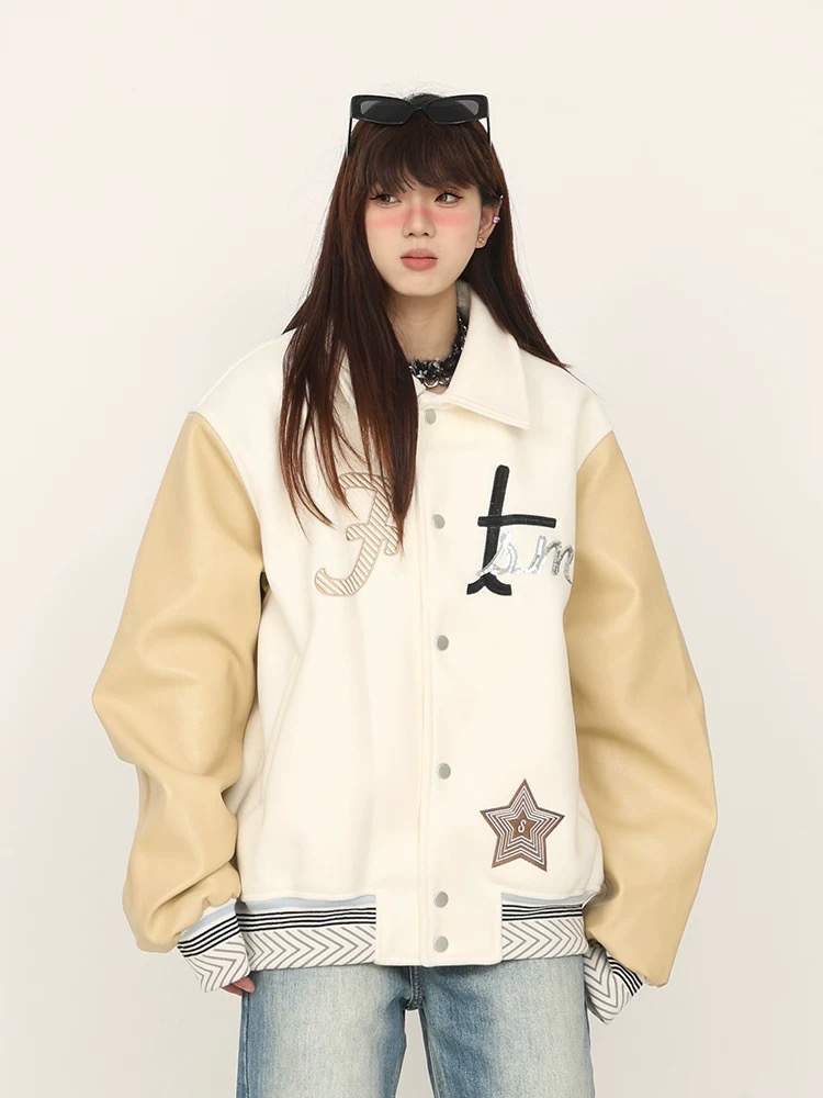 Focus Storm American Baseball Jacket Unisex Spring Embroidery Patchwork Raglan Sleeve Vintage Jacket Couple Loose Lapel Short Jacket 71056# zx - Focus Storm