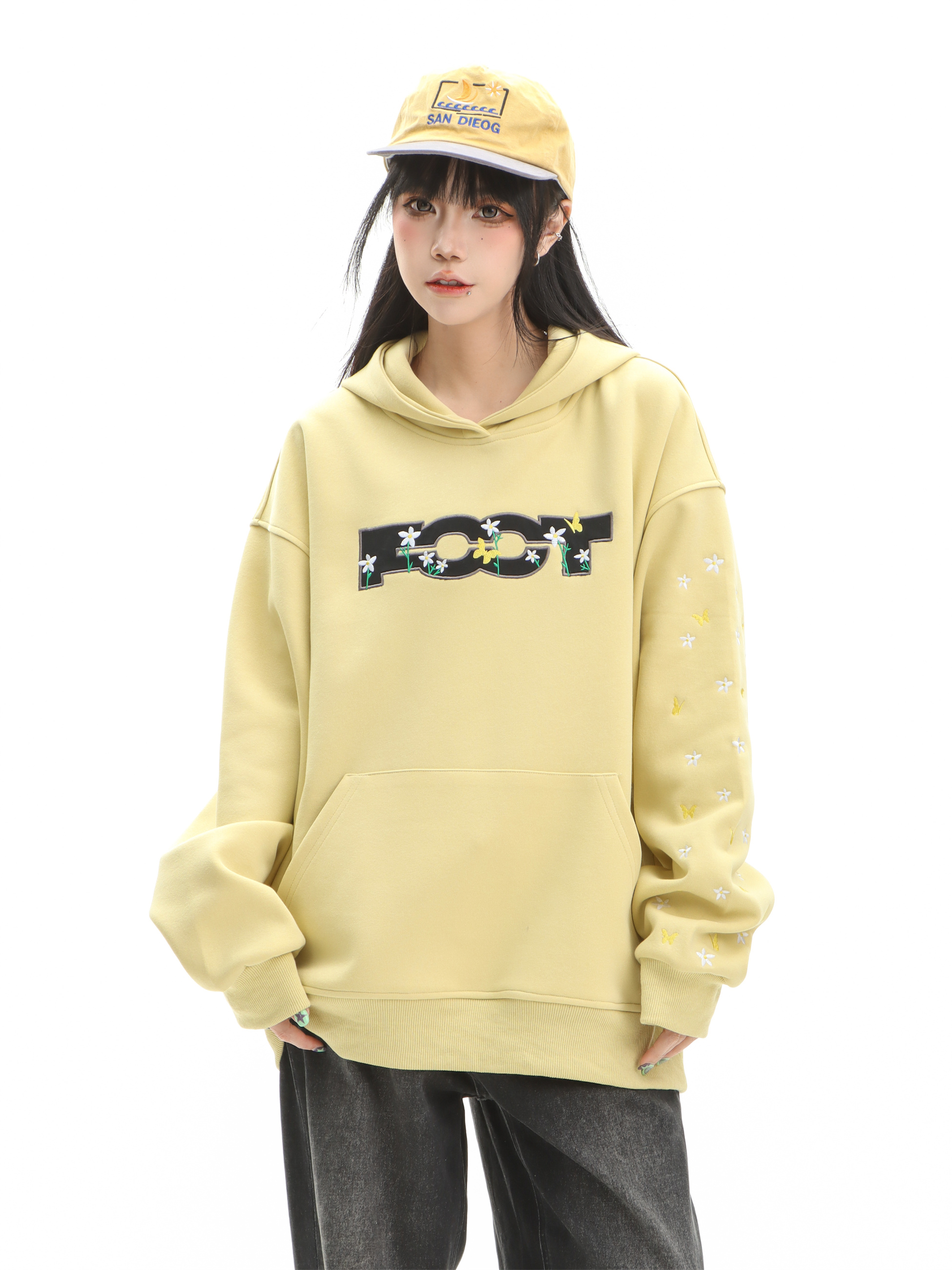 Focus Storm Fashionable Slogan and Floral Hooded Loose Unisex Sweatshirt - Casual Athletic Pullover Hoodie - 83016# zx - Focus Storm