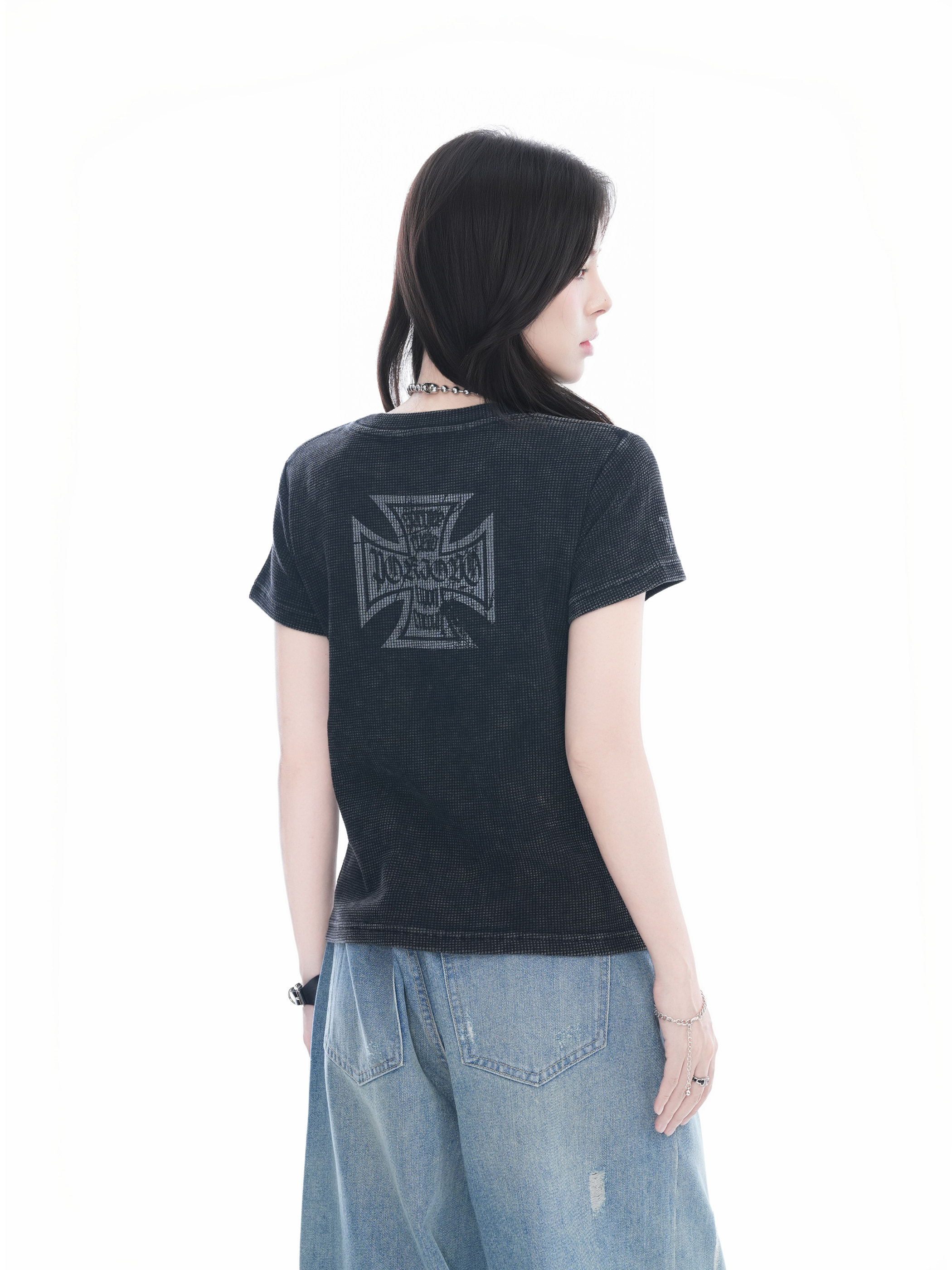 Focus Storm American Vintage Washed Distressed Women's Petite Fit Shoulder Loose Round Neck Top Short Sleeve T-Shirt R9153# zx - Focus Storm