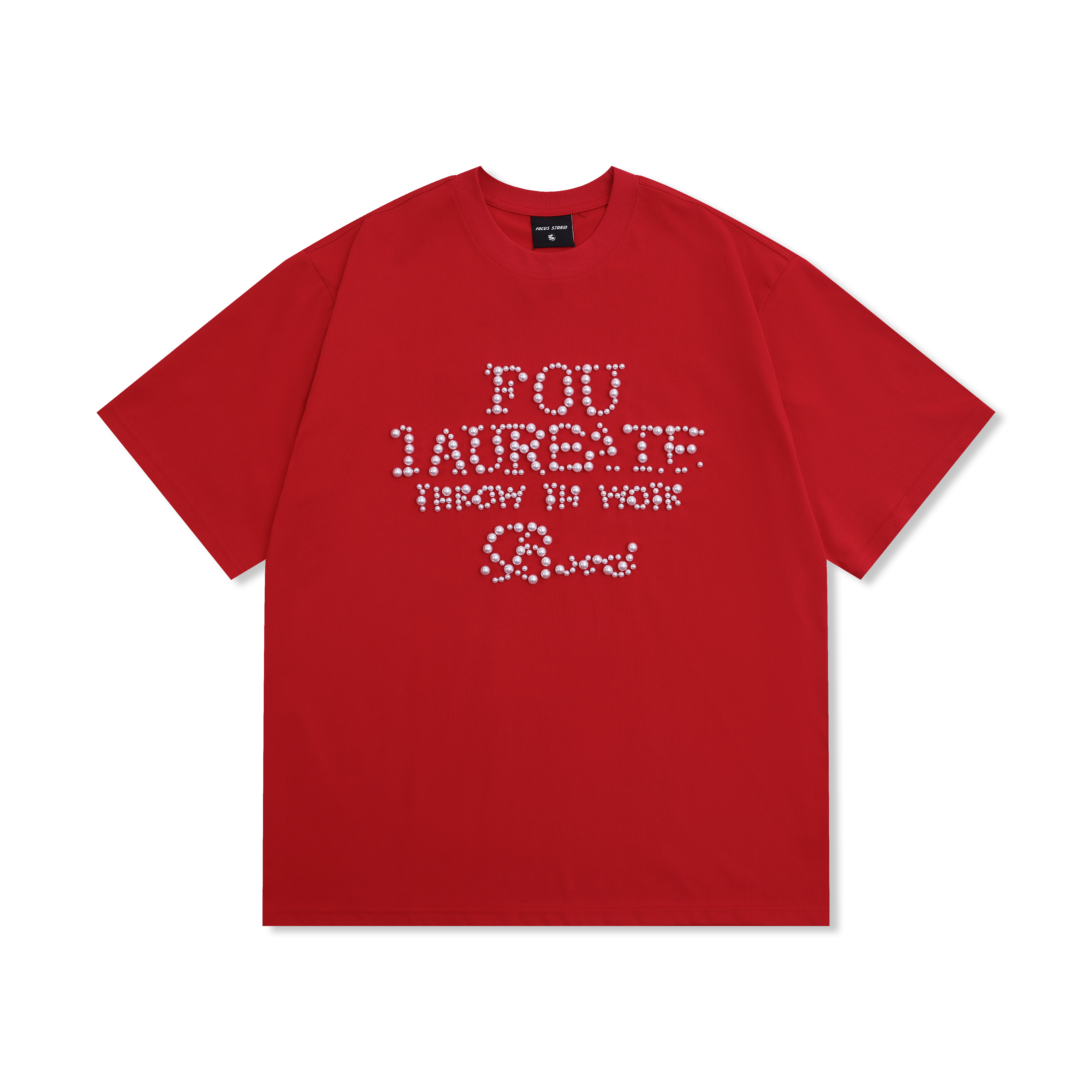 Focus Storm American Leisure Pearl Embroidery Men's Summer Heavyweight Couple's Loose Top Short Sleeve T-Shirt 91086# zx - Focus Storm