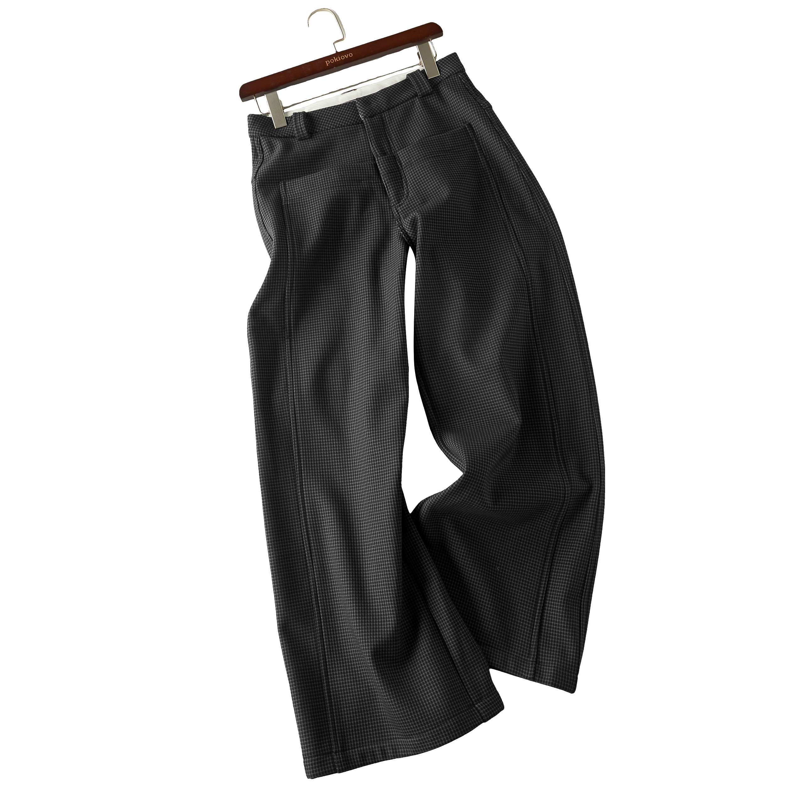 Focus Storm American Retro Wide-Leg Houndstooth Women's Trousers 2025 Winter Fleece-Lined Straight Floor-Sweeping Trousers R5052# zx - Focus Storm