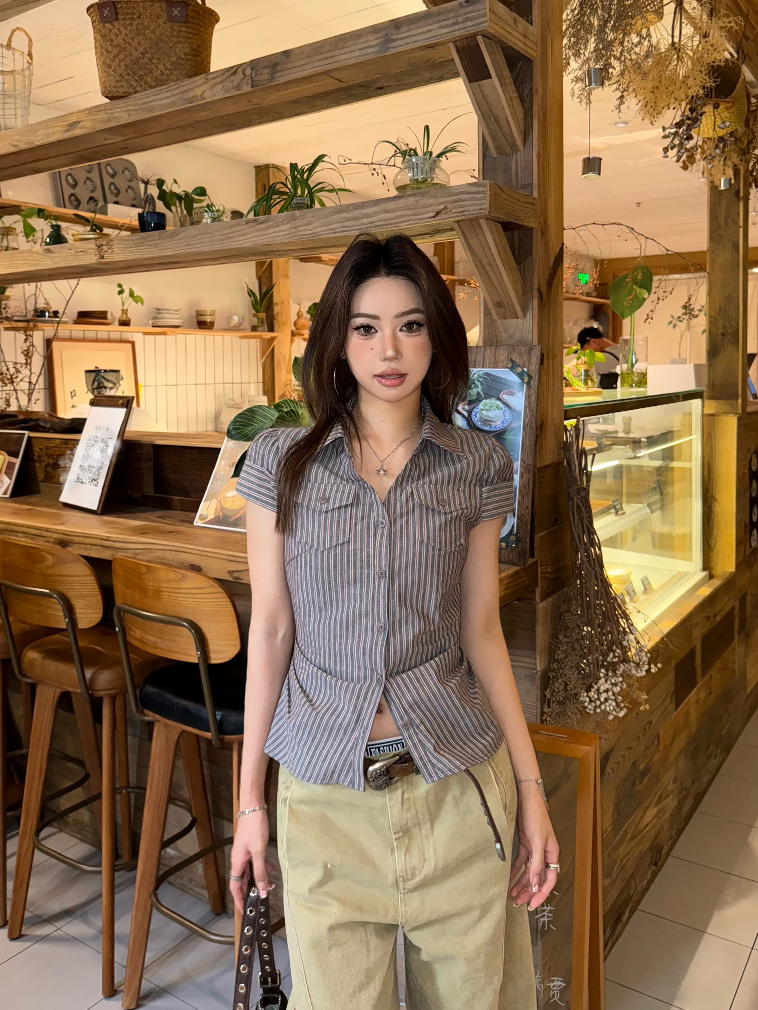 2026 Early Spring! Focus Storm American Retro Pink Striped Hot Girl Waist-Pinching Slim Fit Shirt R9111# zx - Focus Storm