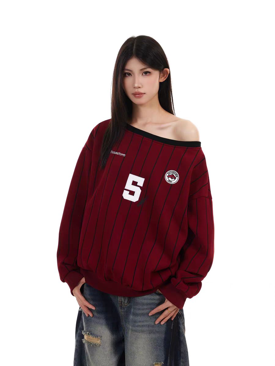Focus Storm Guochao One-Shoulder Striped Vintage Sweatshirt 81006# zx - Focus Storm