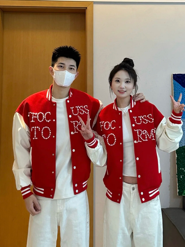 Focus Storm Red Chanel-Style Vintage Patchwork Baseball Jacket Unisex Korean Heavyweight High-End Fashion Short Coat 73008# zx - Focus Storm