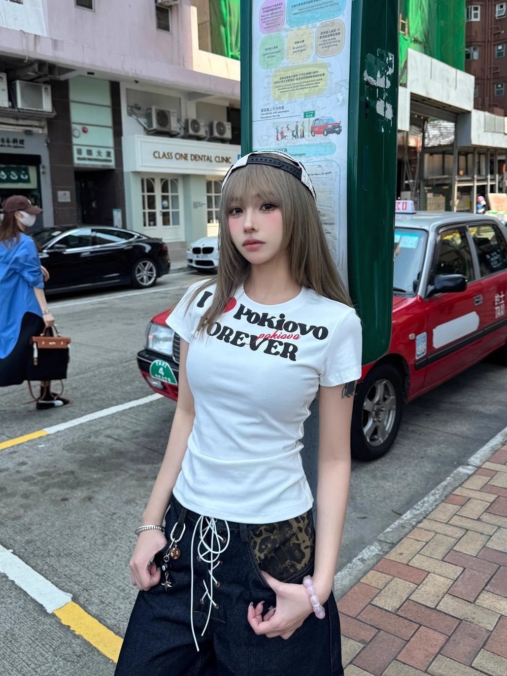 Focus Storm Heart Slogan Print Slim Fit Waist-Defining Cropped T-Shirt Summer Short Sleeve Top R9010# zx - Focus Storm