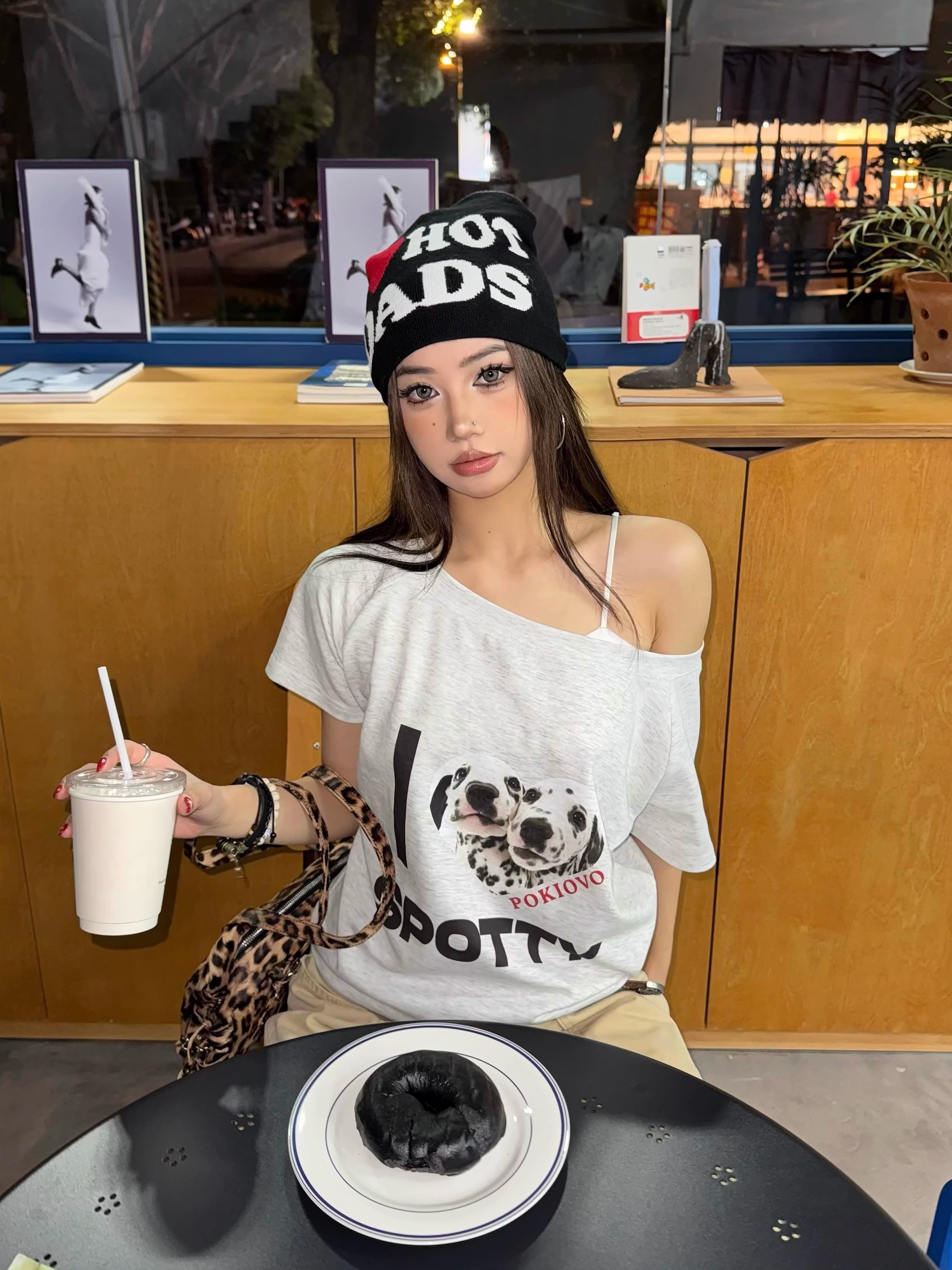 Spring 2026! Focus Storm American Retro Dalmatian One-Shoulder Hot Girl Versatile Short Sleeve T-Shirt R9082# zx - Focus Storm