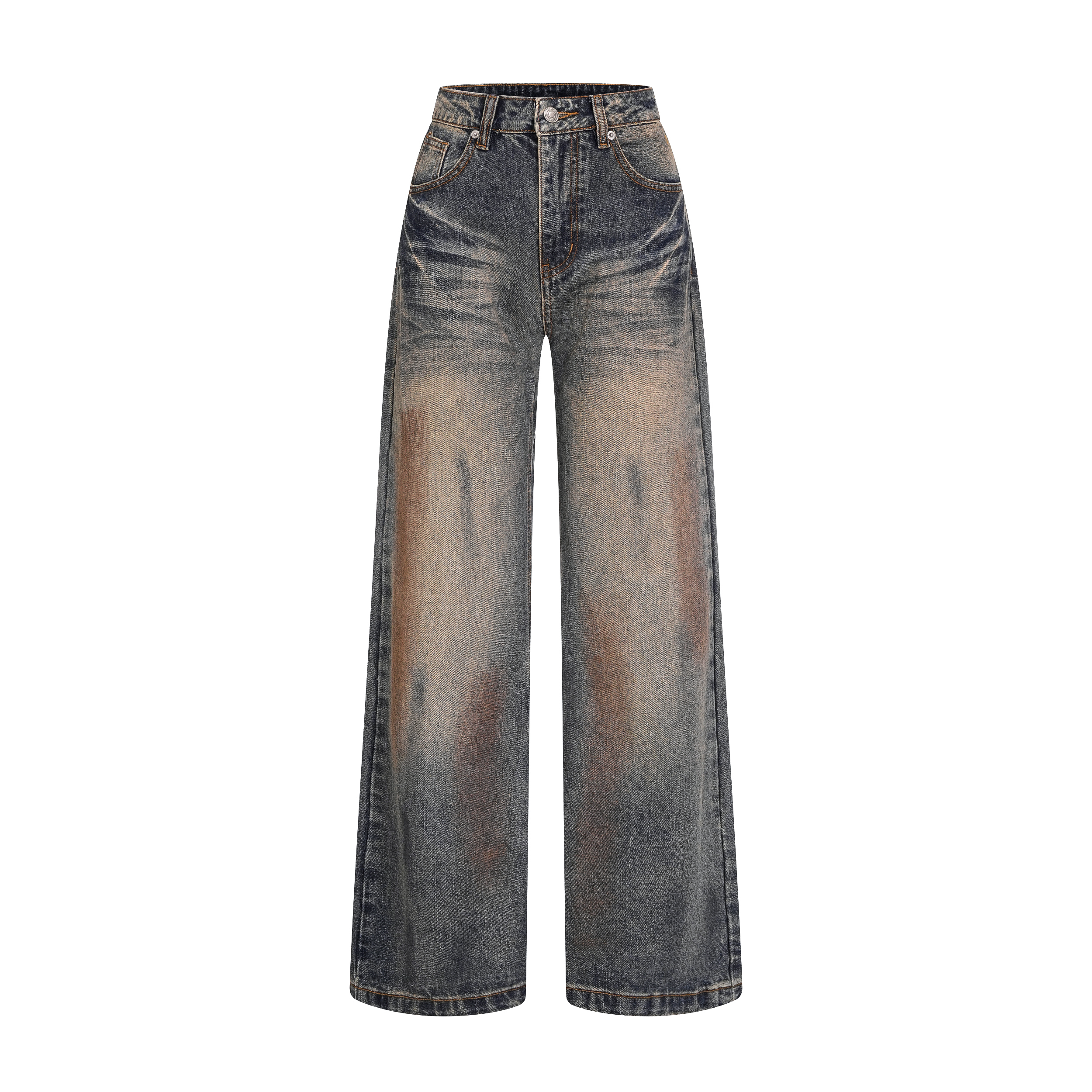 Focus Storm Retro Distressed Dirty Wash Cat Whisker Jeans Women's Straight Loose Casual Design Denim Pants R5008# zx - Focus Storm