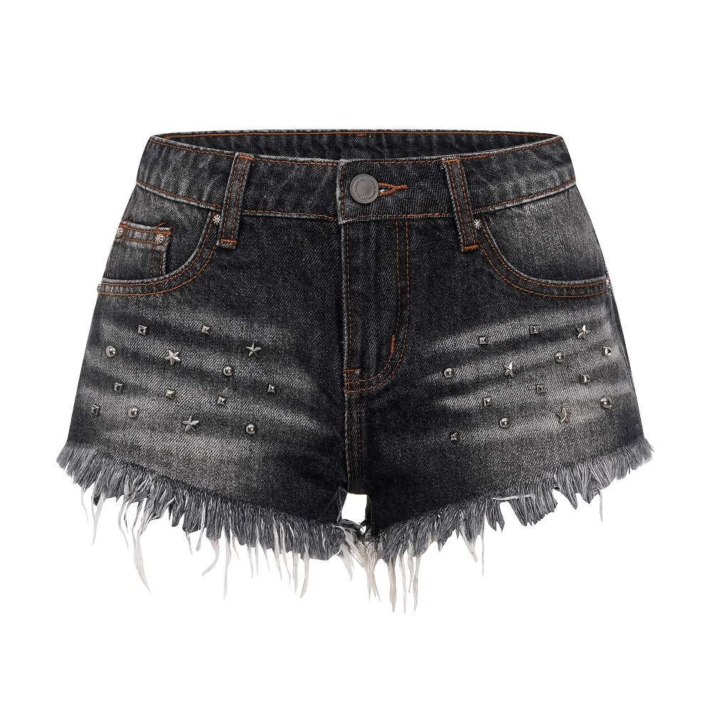 Focus Storm Hot Girl Studded Washed Distressed Raw Edge Shorts Women's Summer Design Slimming Casual Low Waist Hot Pants Denim Shorts R9136# zx - Focus Storm