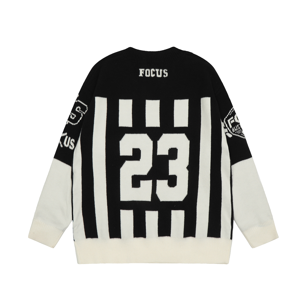 Focus Storm Guochao American Vintage Splicing Sports Style V-Neck Sweater Unisex Trendy Loose Long Sleeve Knitwear Warm Pullover 65005# zx - Focus Storm