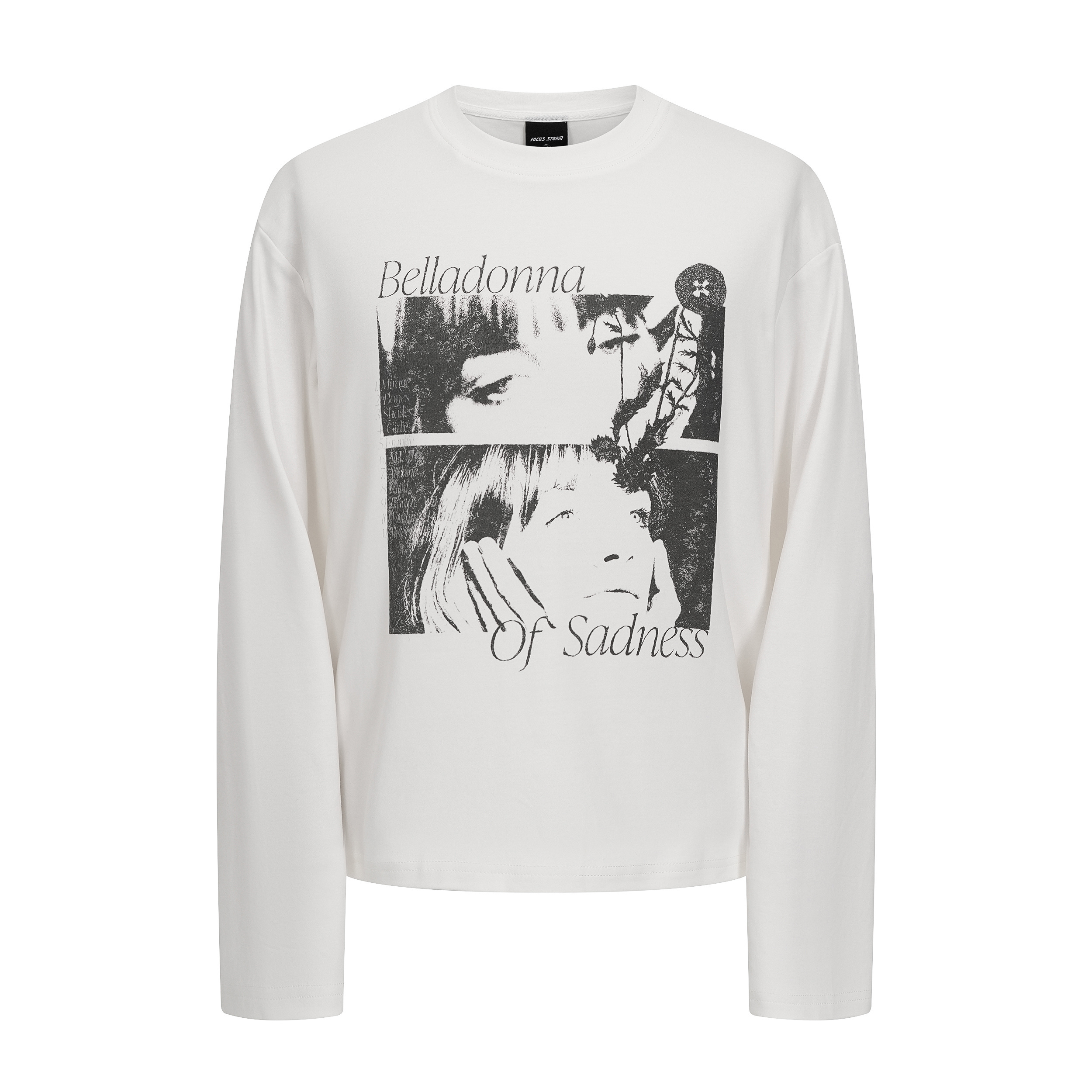 Early  Focus Storm American Hip-Hop Streetwear Character Digital White Ink Direct Injection Loose Crew Neck Long Sleeve T-Shirt 99997# zx - Focus Storm