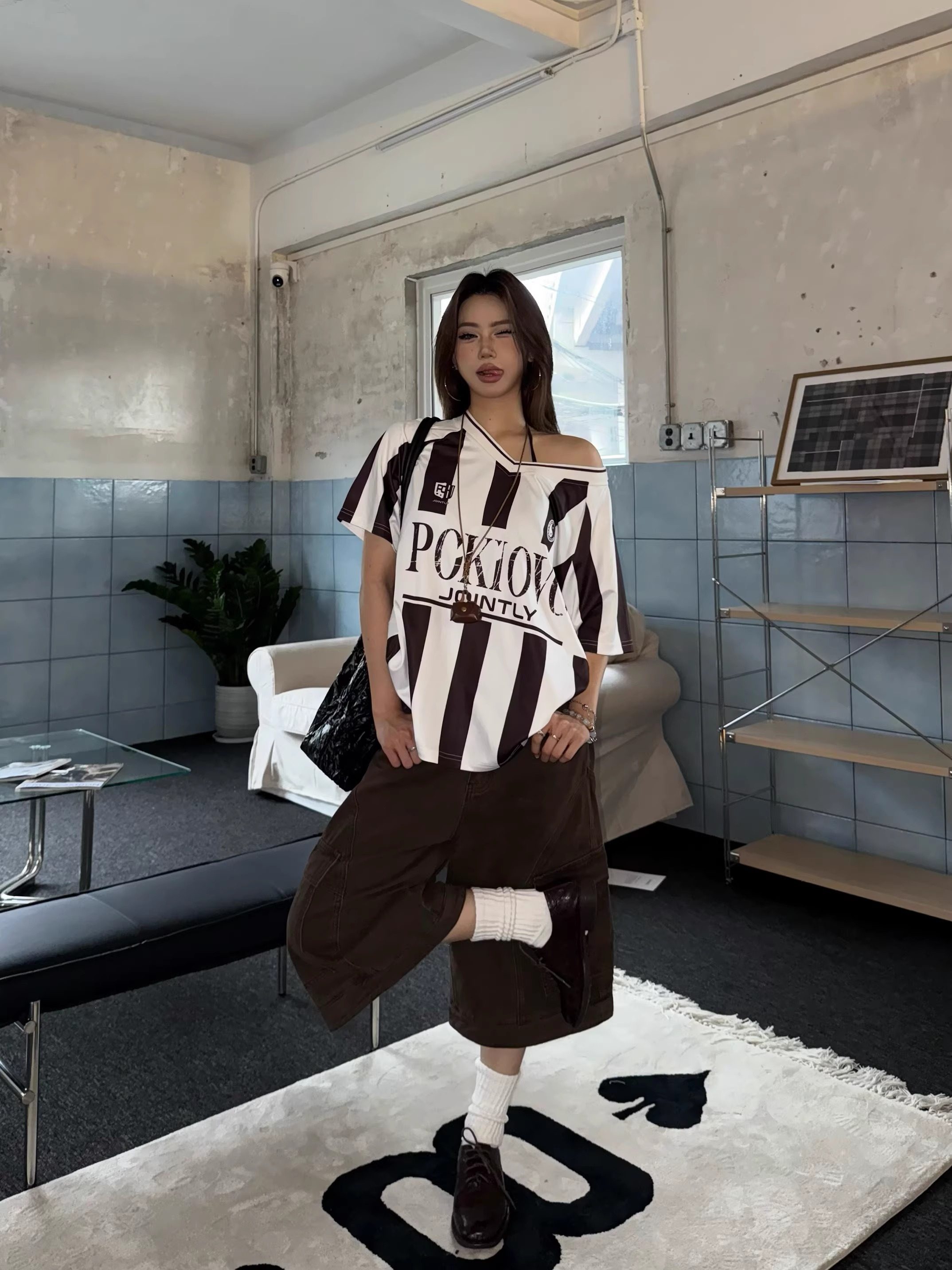 Early Spring 2026! Focus Storm American V-Neck Jersey Style Contrast Spliced Striped Loose Casual Short Sleeve T-Shirt R9160# zx - Focus Storm