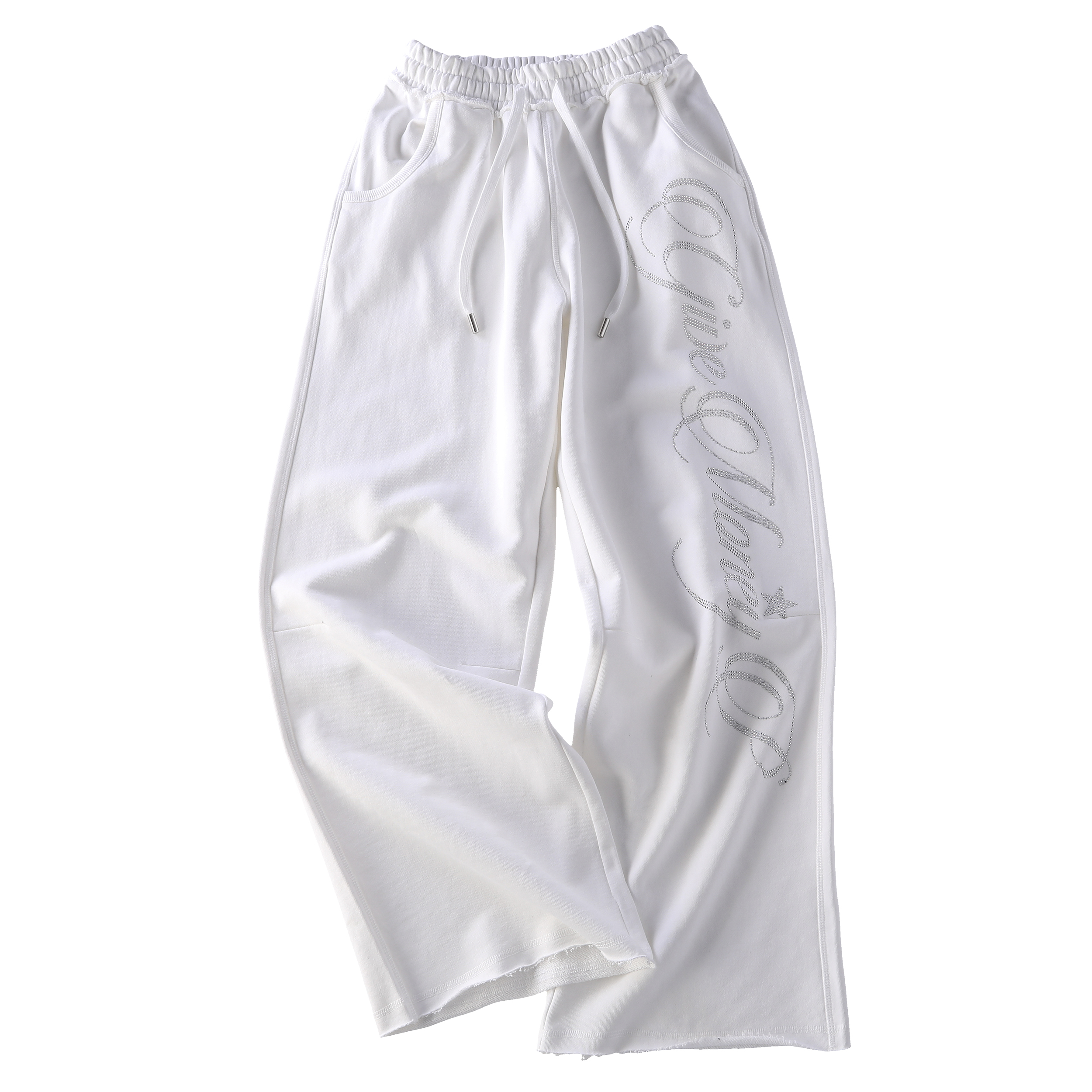 Early Spring 2026! Focus Storm American Lettering Rhinestone White Sport Sweatpants Women's Loose Dance Wide-Leg Curved Leisure Trousers R5106# zx - Focus Storm